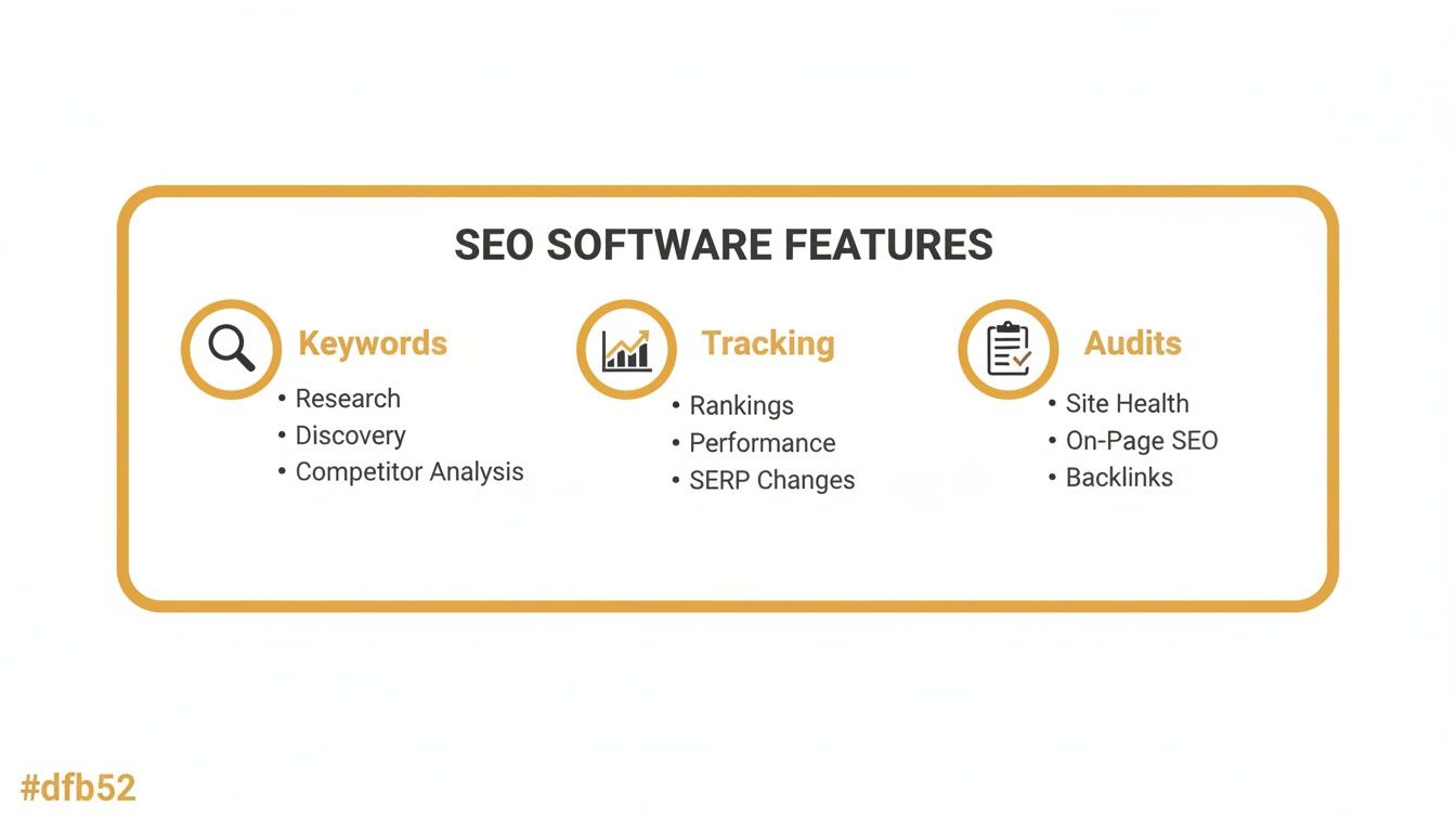 An infographic illustrating SEO software features including keywords, tracking, and audits with detailed sub-features.