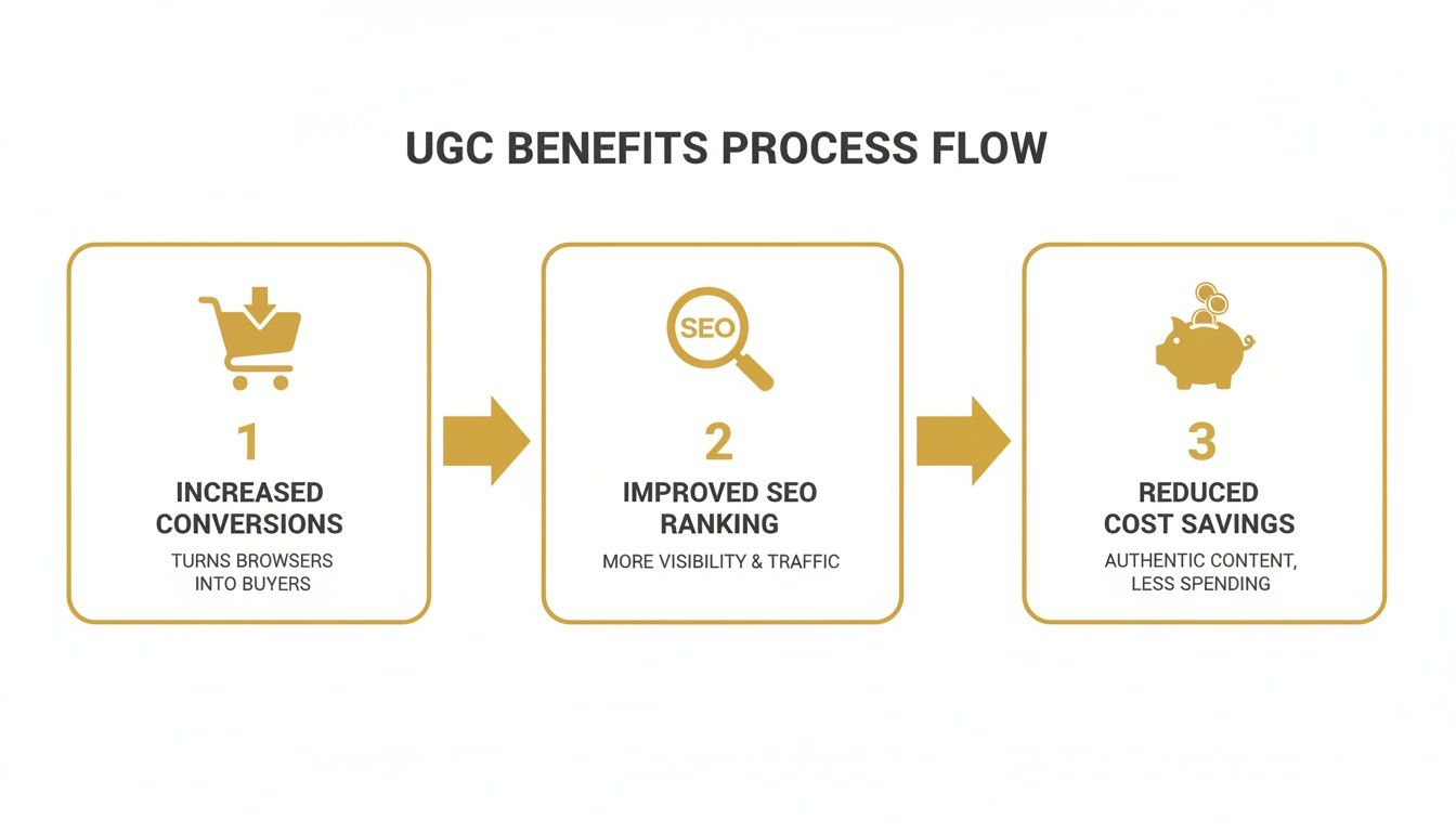 A flow chart illustrating 3 benefits of UGC: increased conversions, improved SEO, and reduced costs.