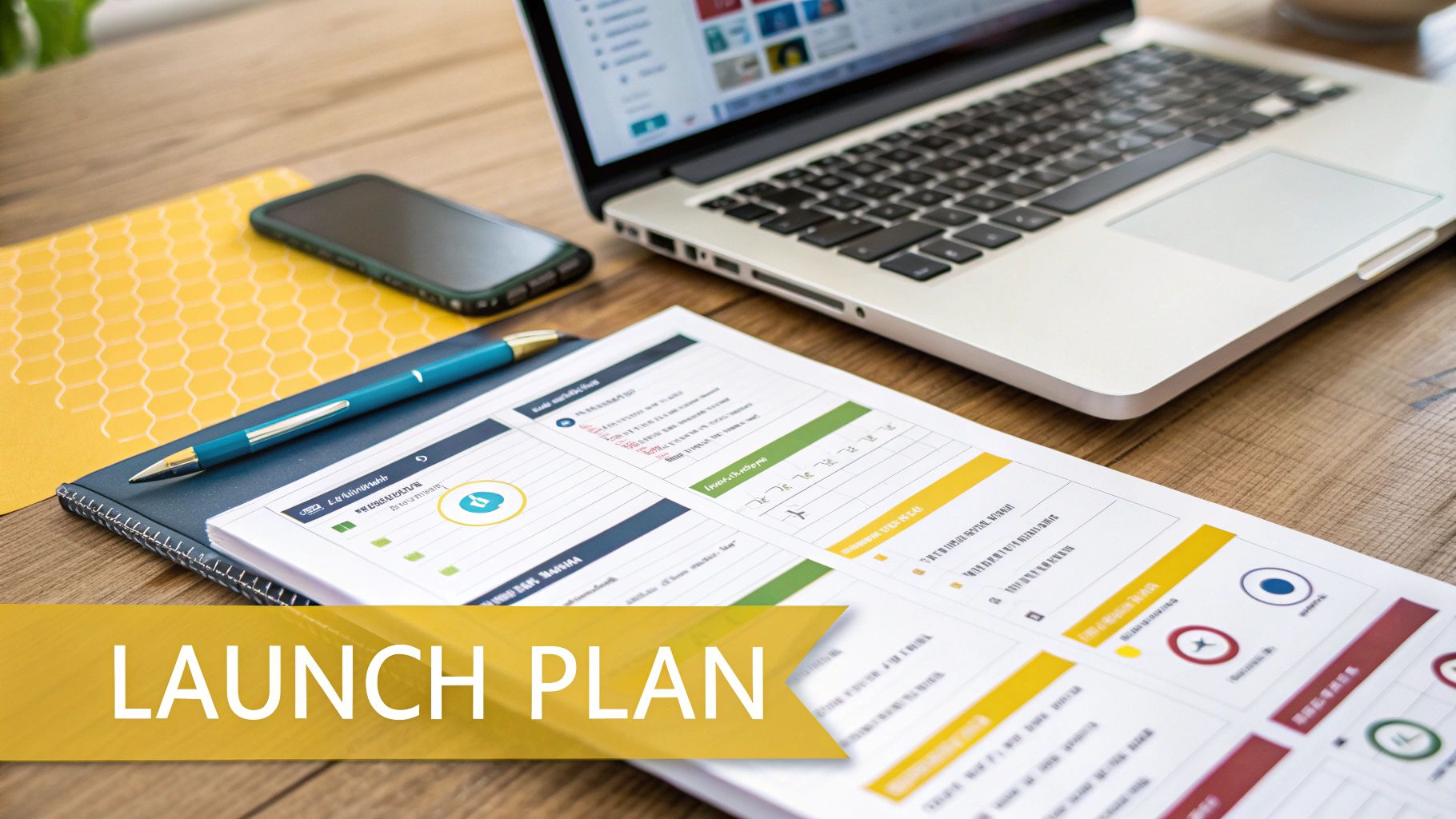 A top-down view of a business launch plan document with a laptop and smartphone on a wooden desk.