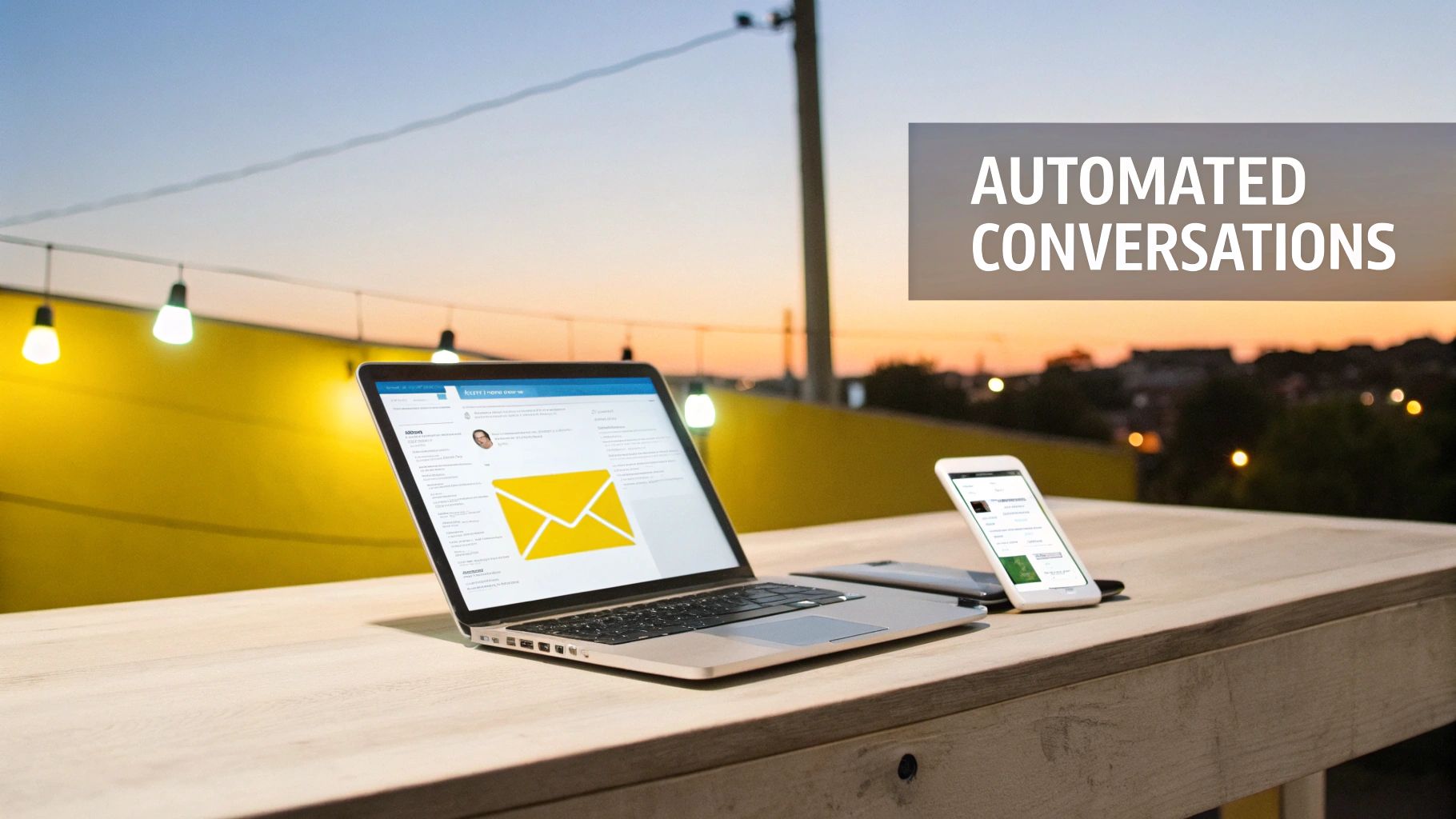 A laptop and smartphone on an outdoor wooden table at sunset, displaying an email interface for automated conversations.