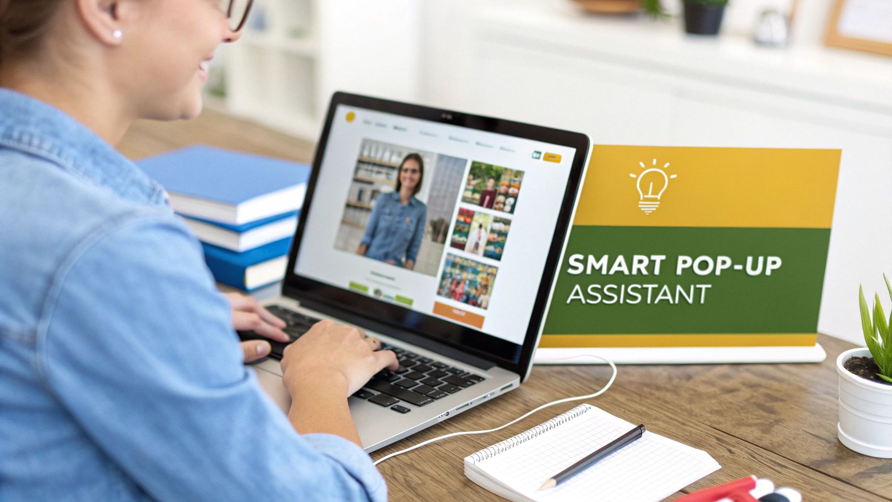 Person using a laptop displaying images, next to a 'Smart Pop-Up Assistant' sign on a wooden desk.