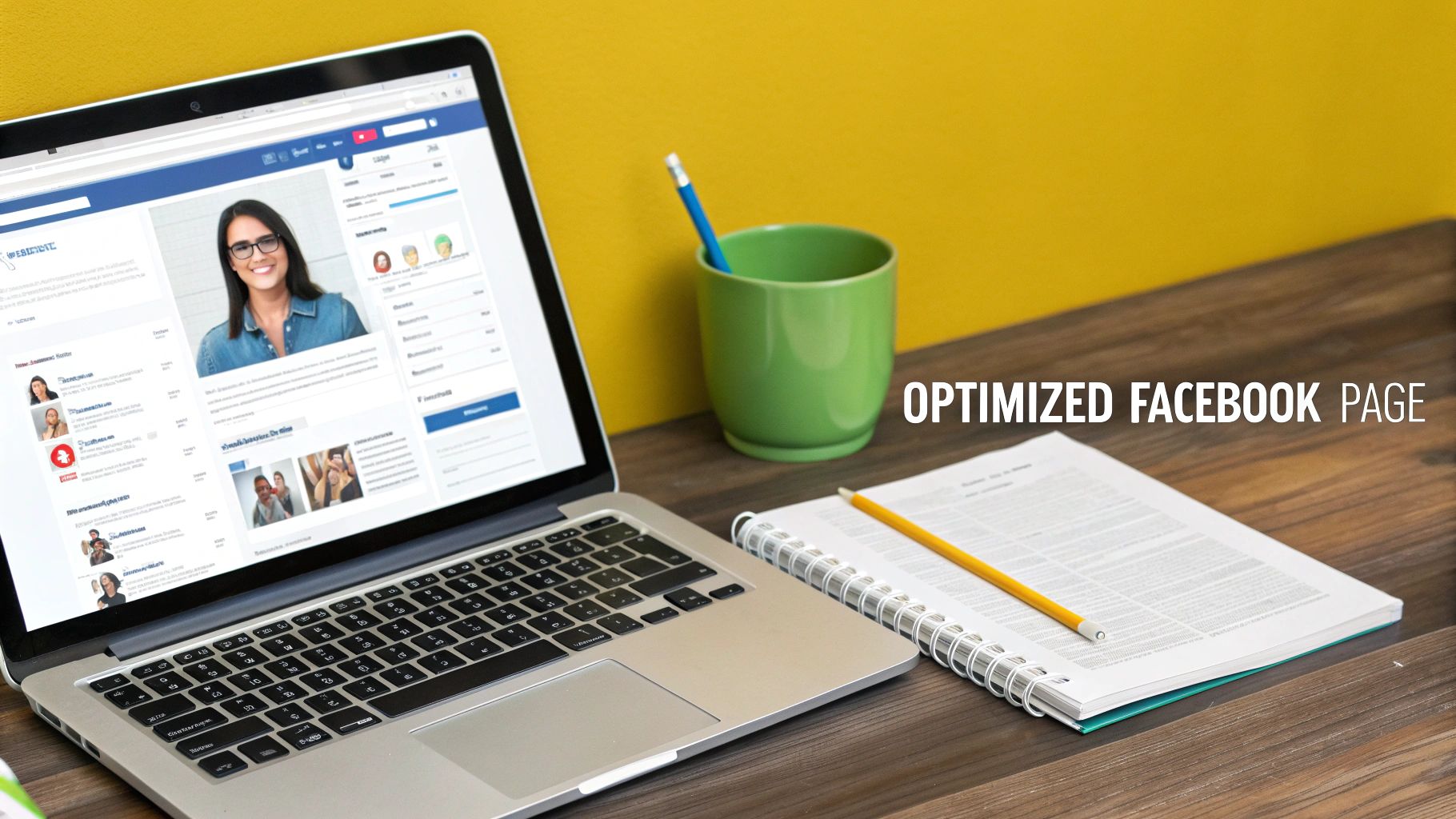 A laptop displays an optimized Facebook profile page on a wooden desk with a notebook and pencils.