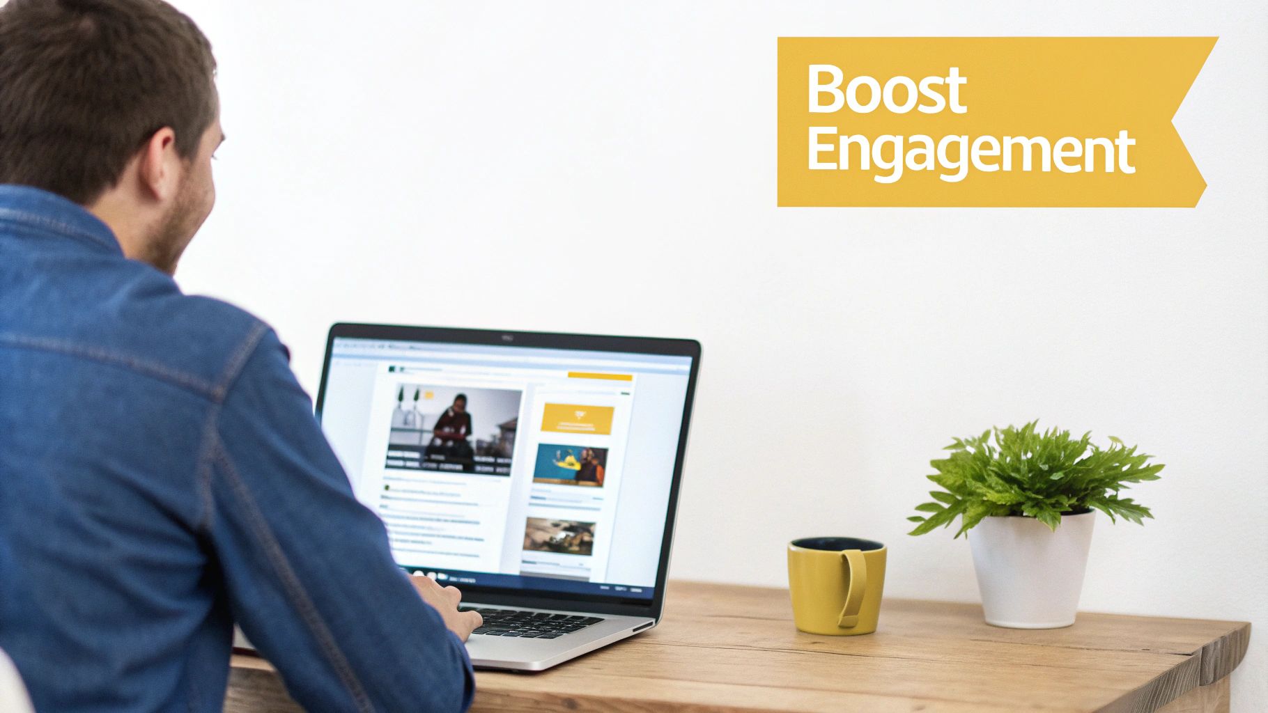 A man works on a laptop displaying a webpage with content, beside a plant and mug, under a 'Boost Engagement' banner.