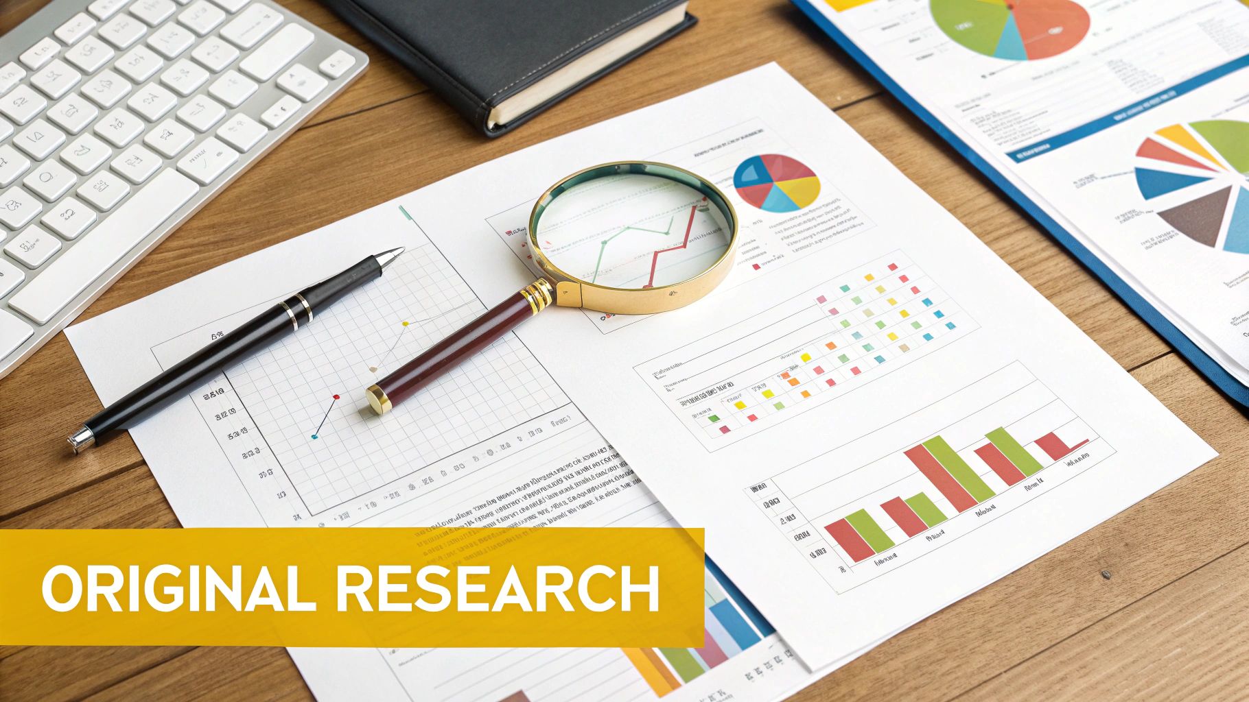 Desk with research papers, financial charts, a magnifying glass, and a pen for data analysis.