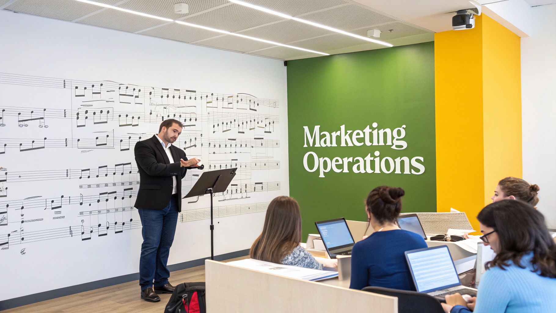 A man teaches students in a classroom with a 'Marketing Operations' wall and musical note decorations.