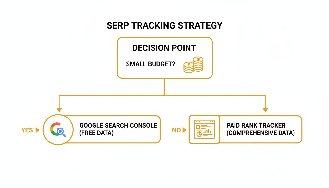 Flowchart illustrating a SERP tracking strategy, suggesting Google Search Console for small budgets and a Paid Rank Tracker for comprehensive data.