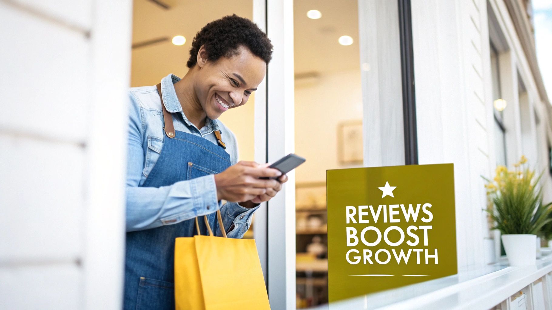 A smiling business owner uses her phone while holding shopping bags, next to a "Reviews Boost Growth" sign.