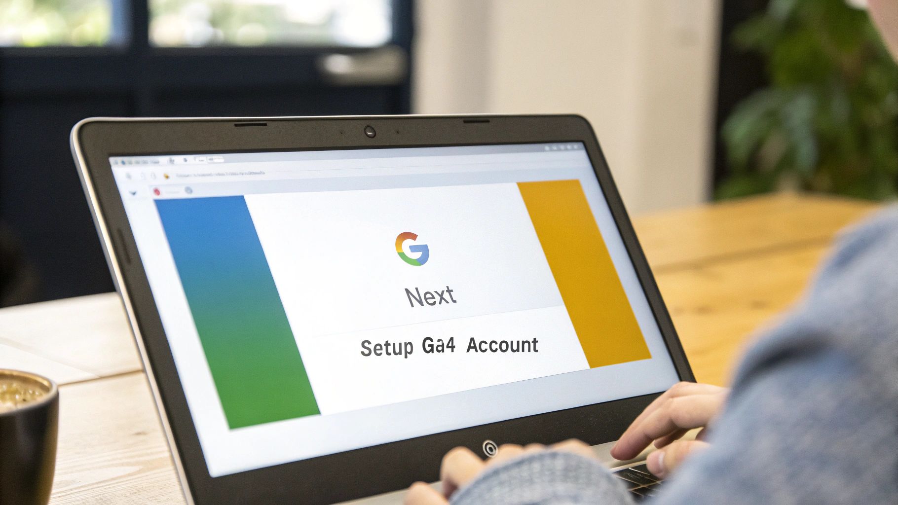 A user interacting with the Google Analytics setup screen on a desktop computer.