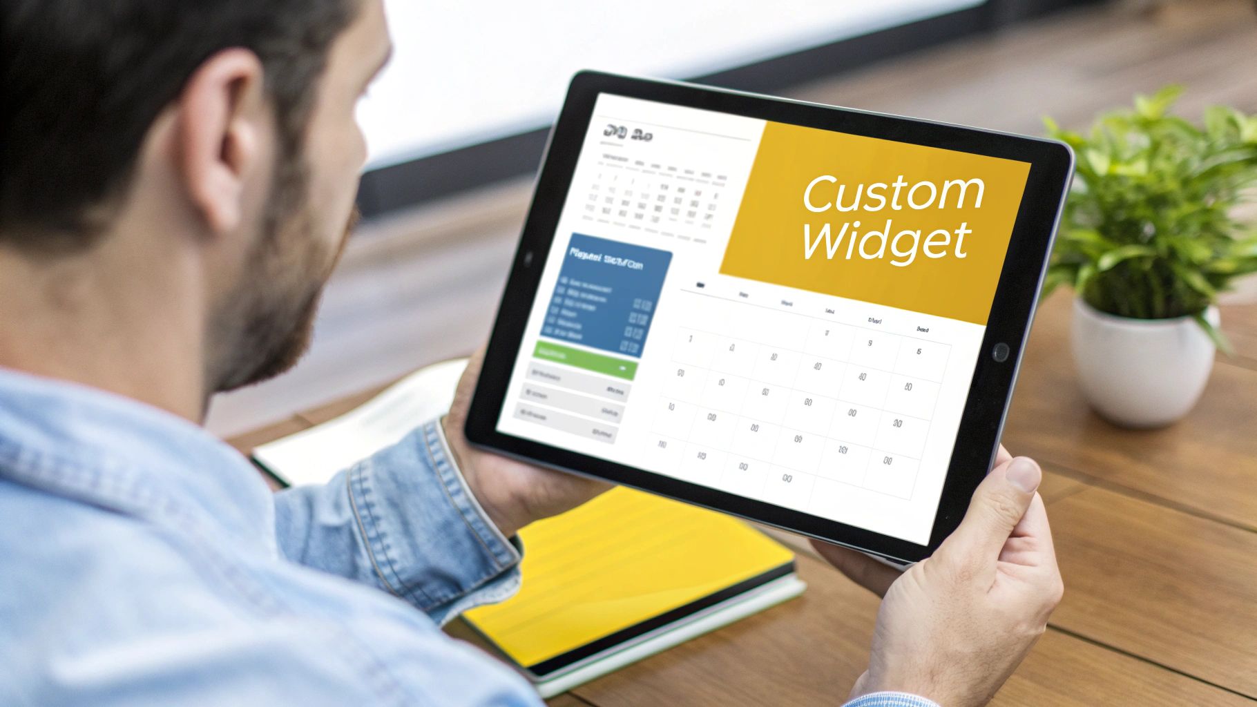 A person holds a tablet displaying a calendar app and a 'Custom Widget' on a desk.