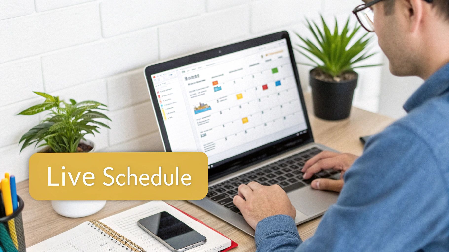 A man in glasses works on a laptop displaying a calendar with a 'Live Schedule' overlay.