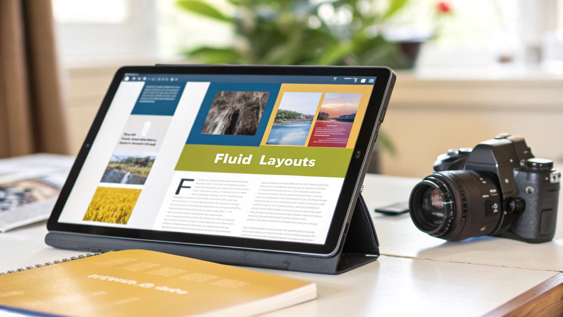 A tablet displaying 'Fluid Layouts' content next to a camera and a notebook on a white table.