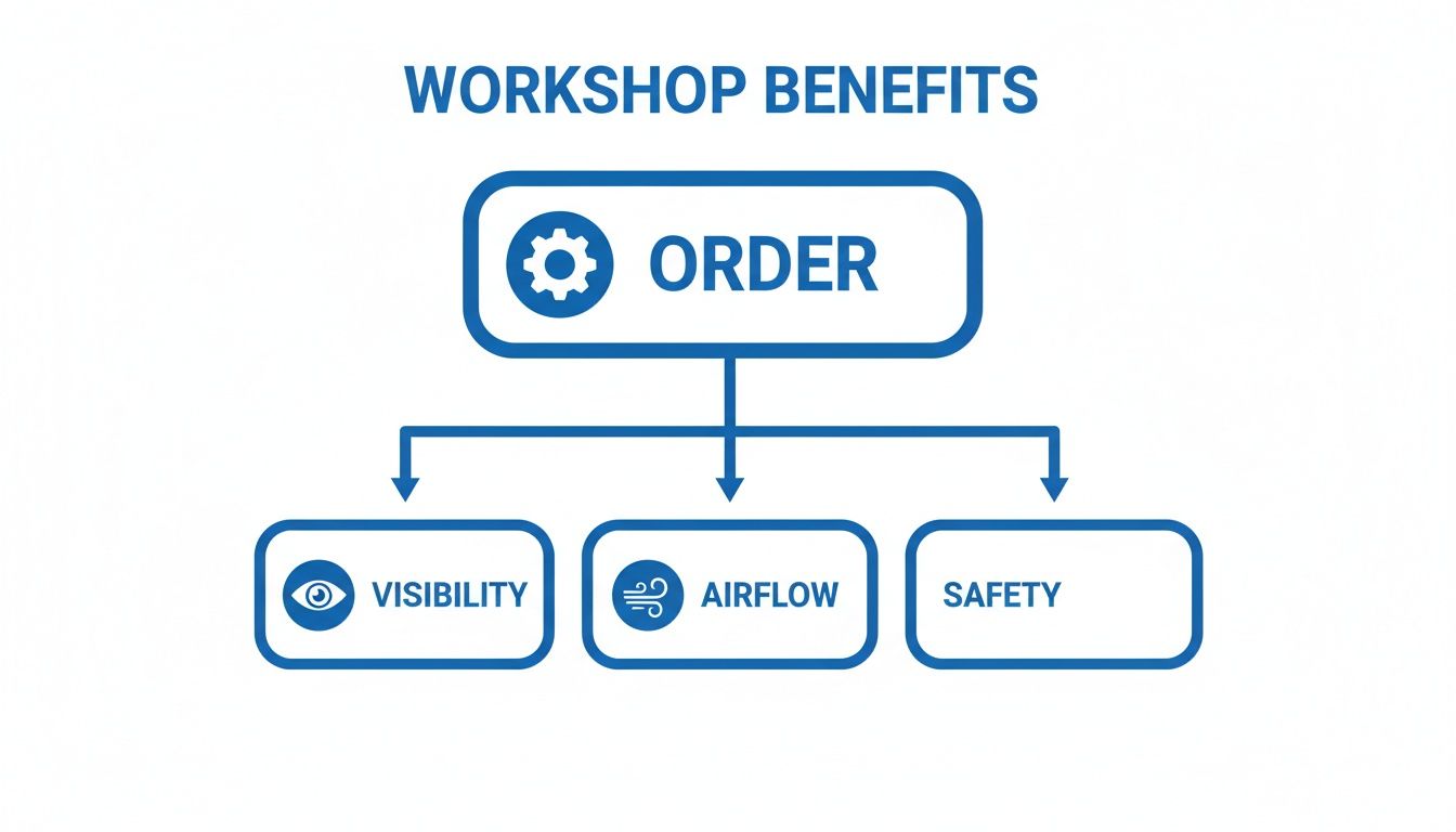 Diagram illustrating workshop benefits: order leads to improved visibility, airflow, and safety.