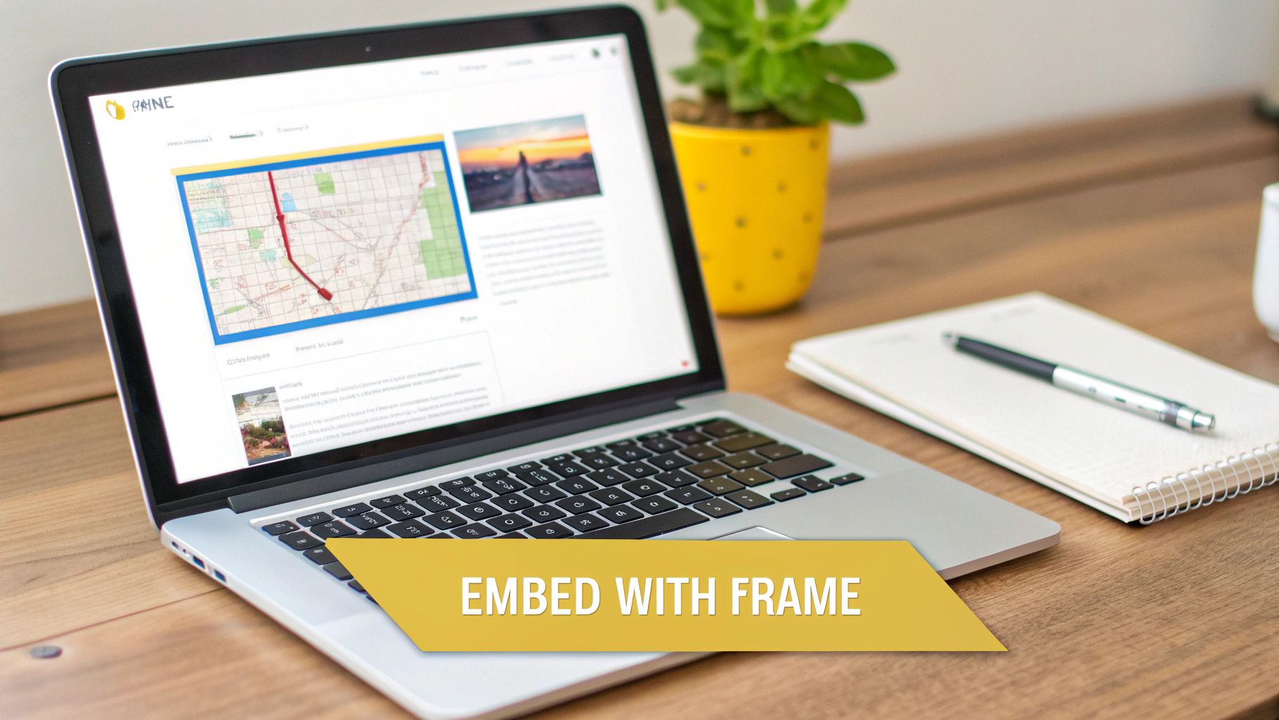 A laptop on a wooden desk displays a website with an embedded map and text content, alongside a plant and notebook.