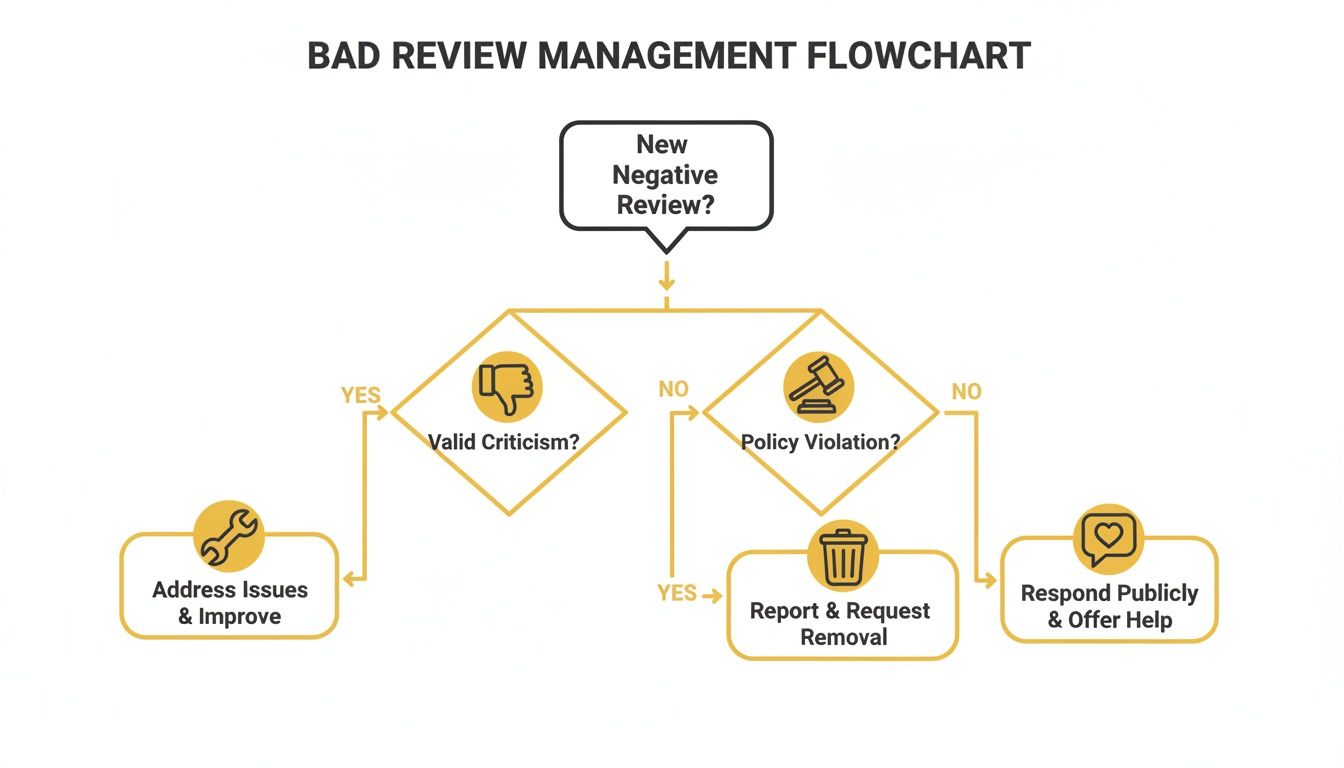 Flowchart illustrating a step-by-step process for effective bad review management, from identification to resolution.