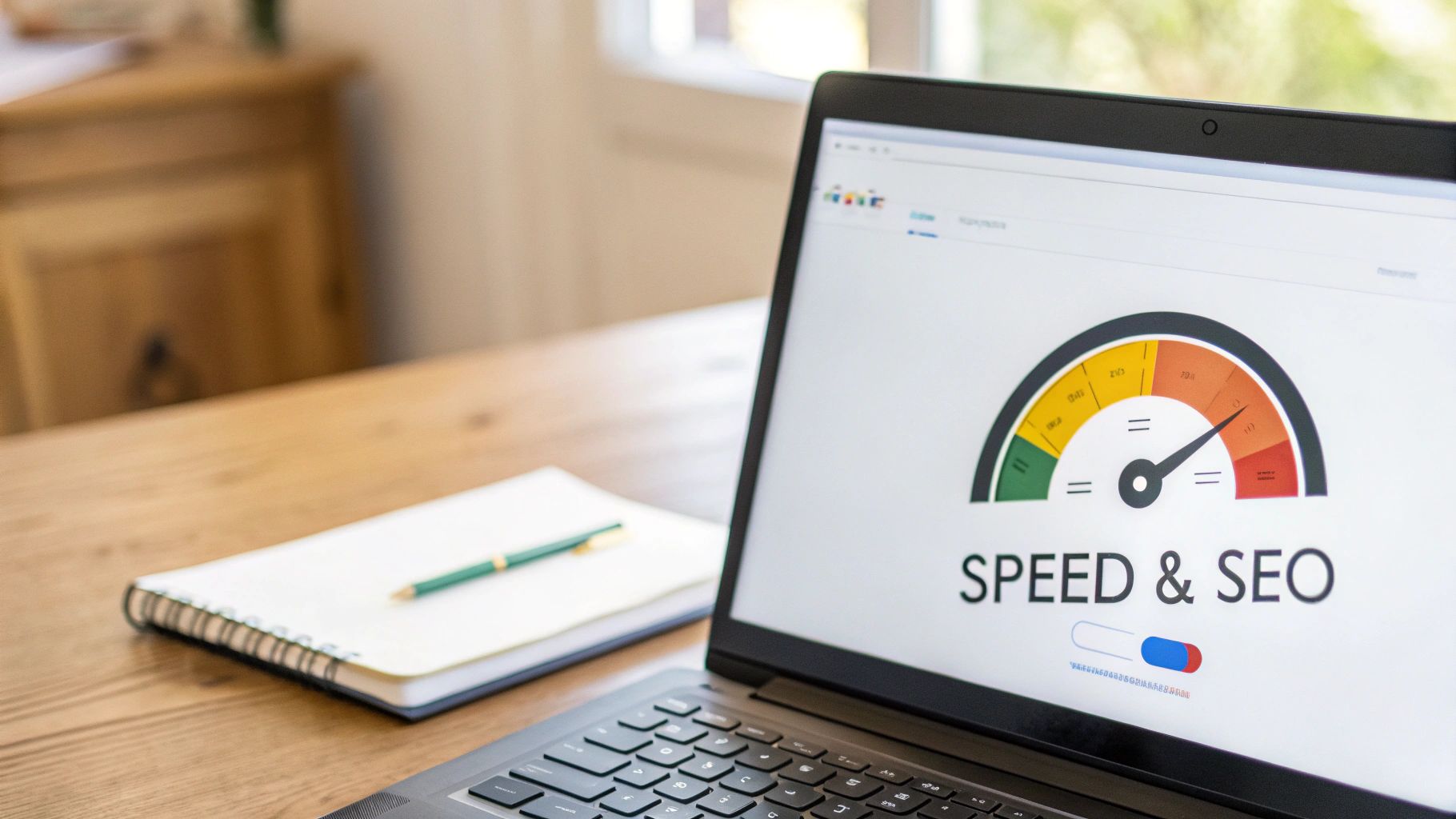 A laptop screen displays a 'Speed & SEO' performance gauge and text on a wooden desk.