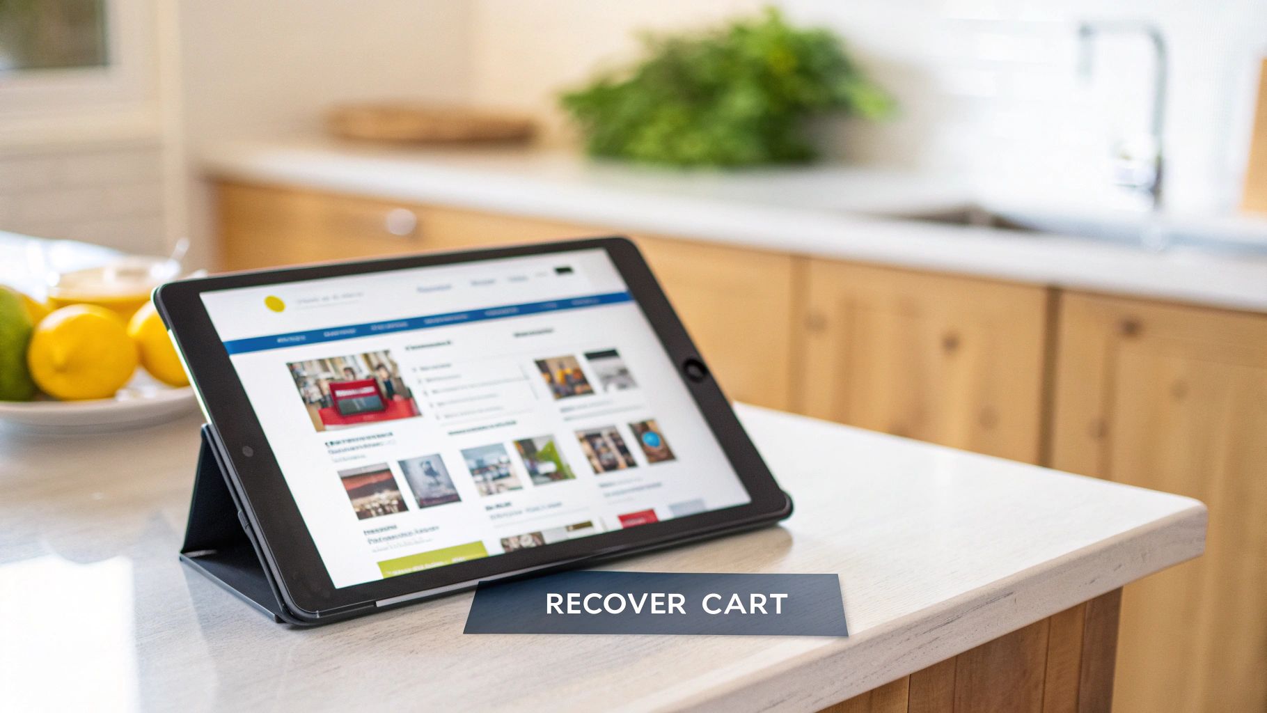 Tablet displaying e-commerce website on kitchen counter for recovering abandoned shopping carts