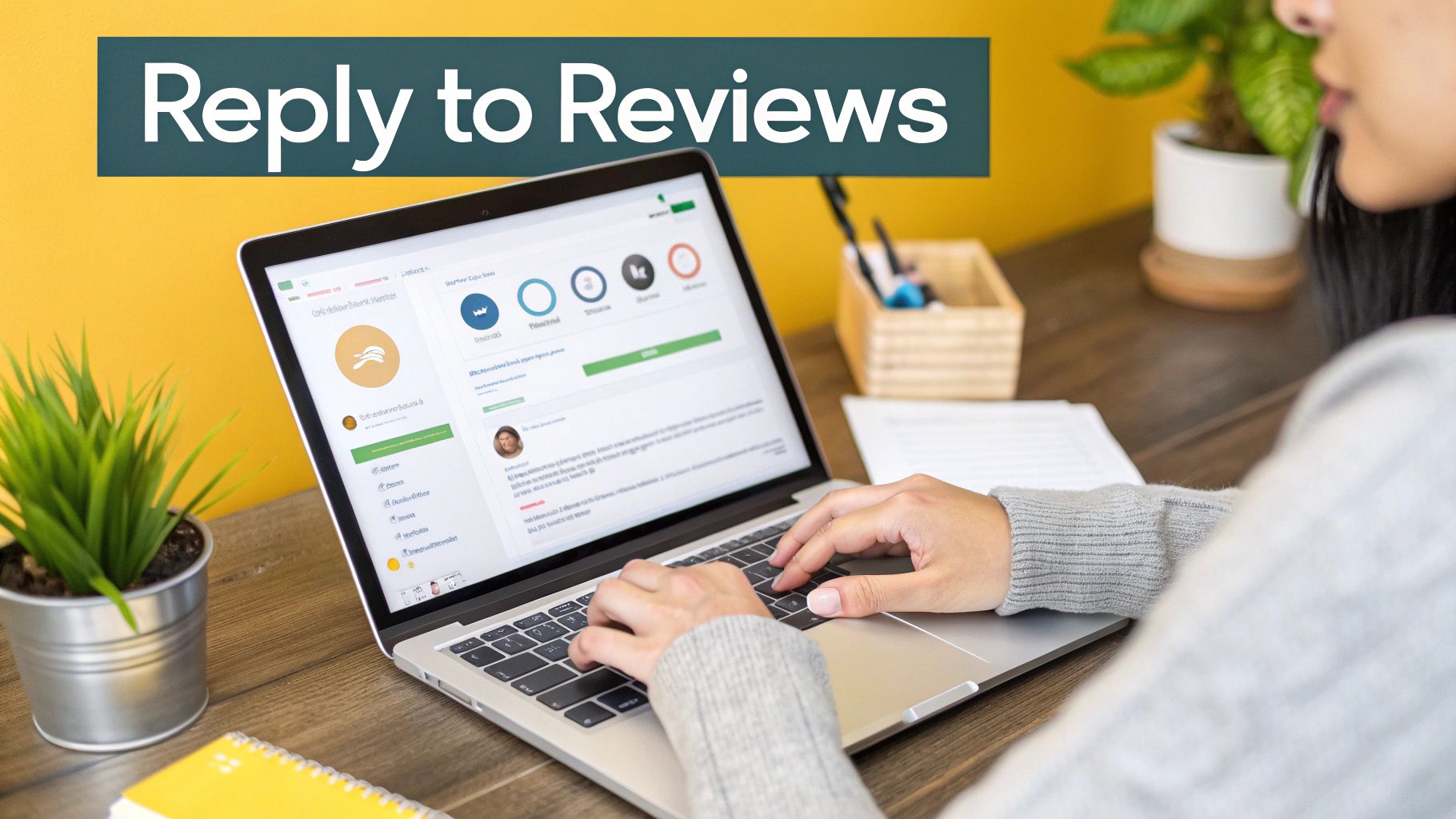 A person typing on a laptop, managing online reviews on a dashboard with text 'Reply to Reviews'.
