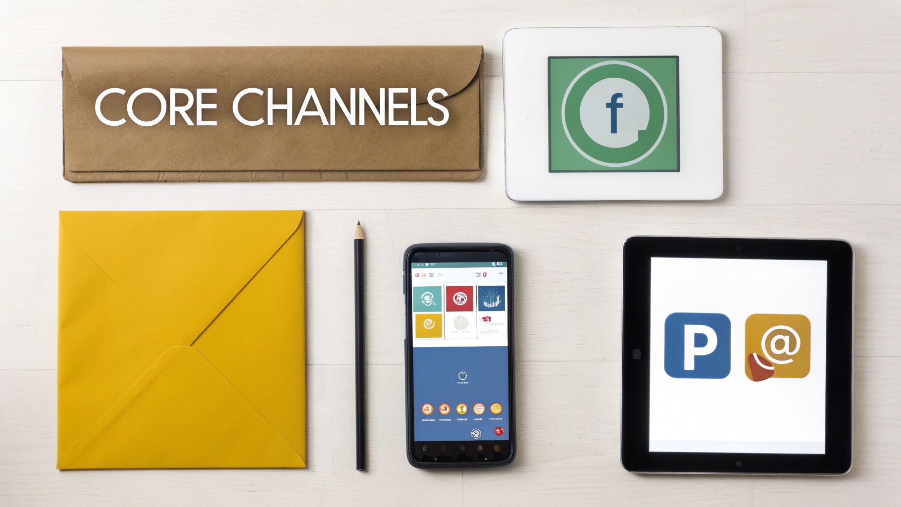 Overhead view of various communication channels including envelopes, a smartphone, and tablets with app icons.