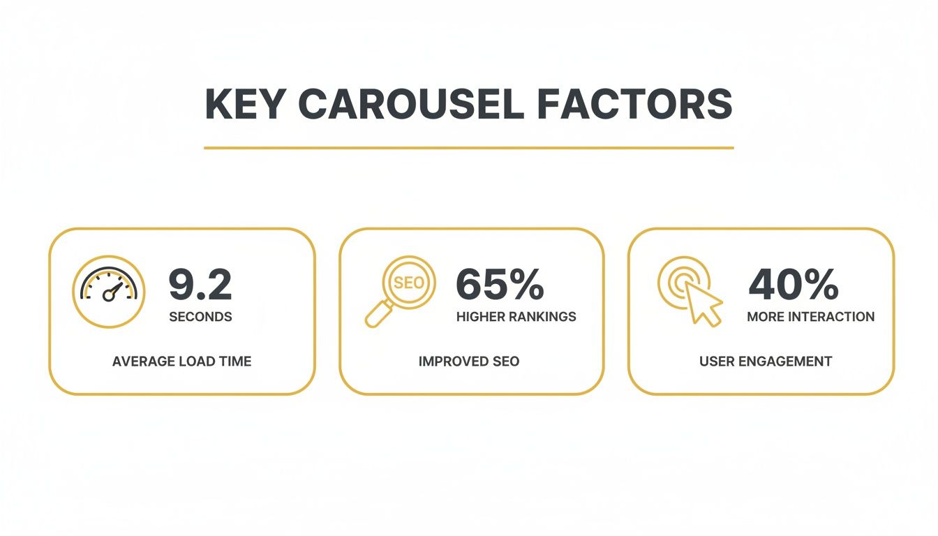 Key carousel factors infographic with data on average load time, SEO ranking, and user engagement.
