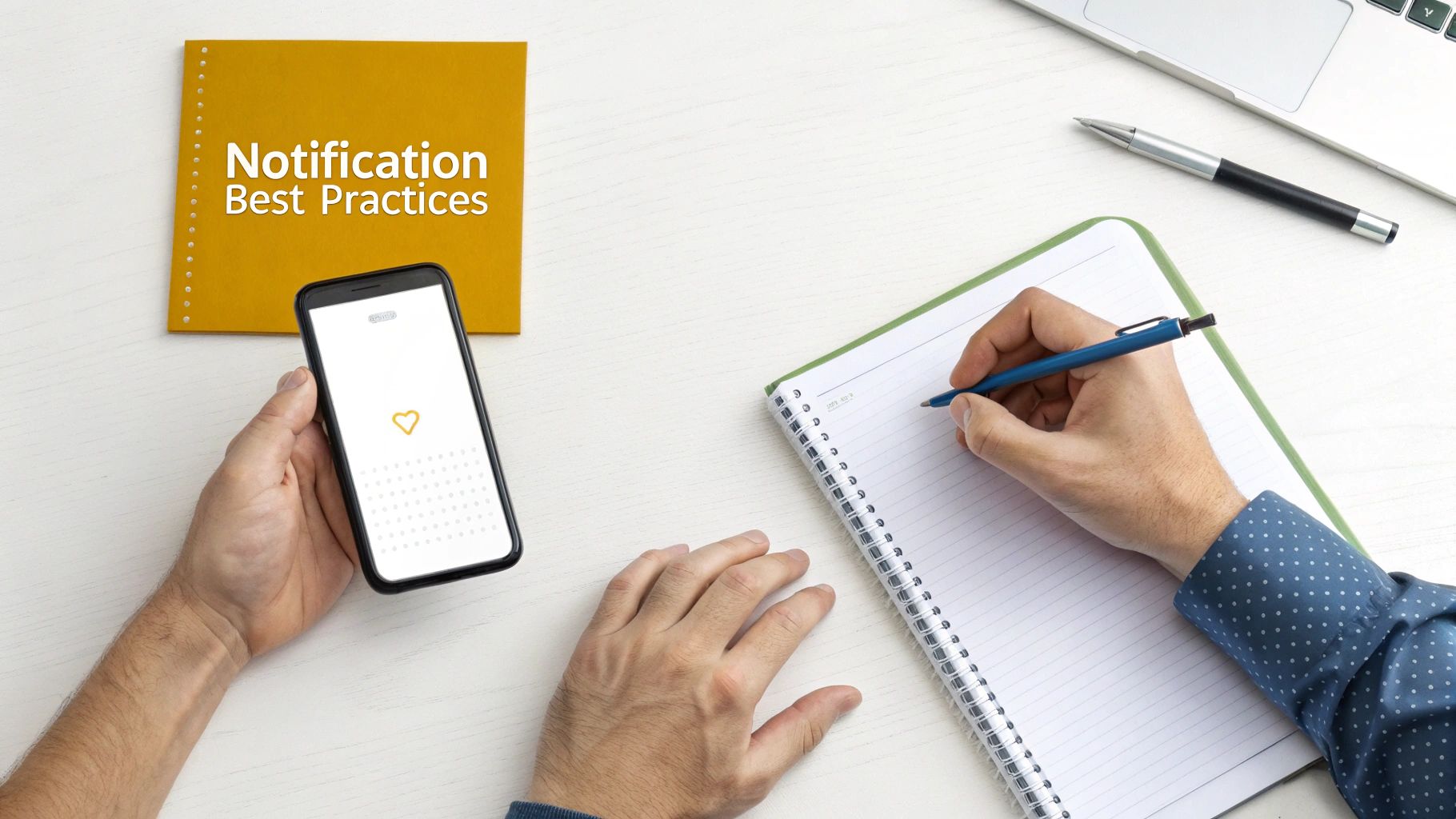 Hands on a desk with a smartphone showing a heart, writing in a notebook, and a 'Notification Best Practices' book.