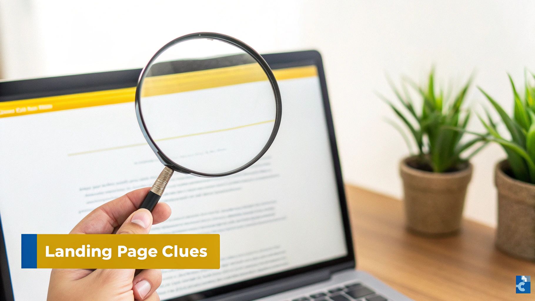 A hand holds a magnifying glass over a laptop screen displaying a landing page with text.