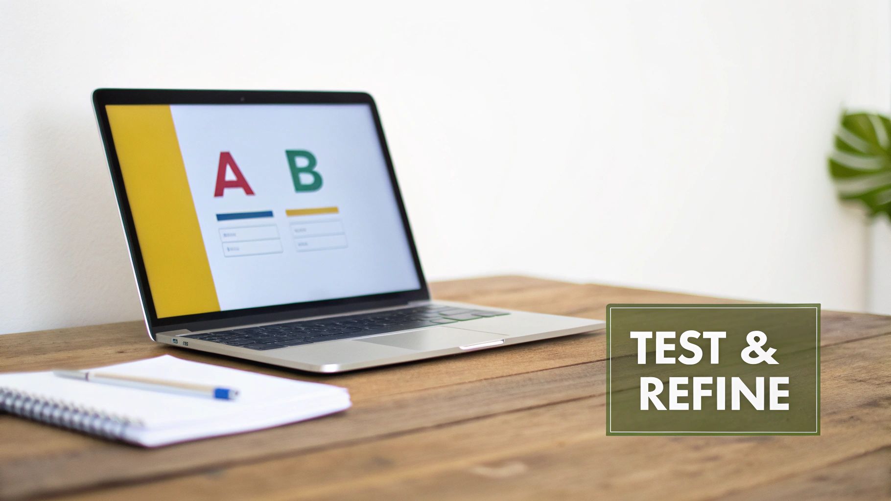A laptop on a wooden desk showing an A/B testing interface with a 'Test & Refine' message.