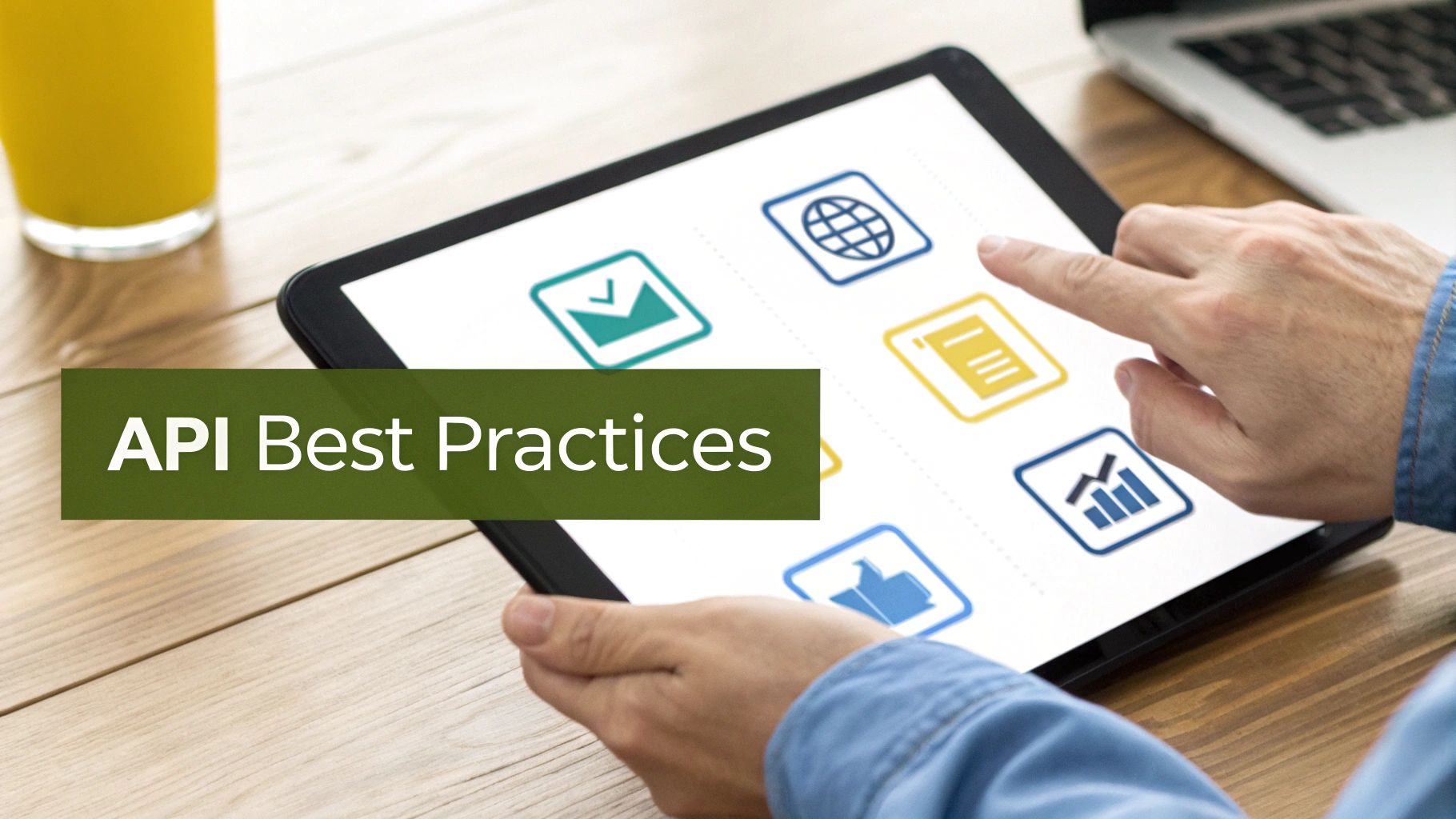 A person uses a tablet displaying various app icons and a prominent 'API Best Practices' text overlay.