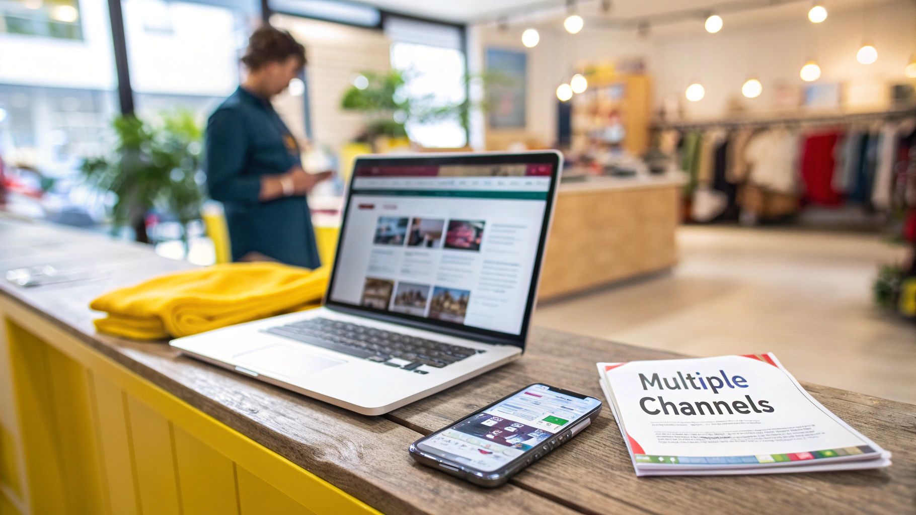 Laptop, smartphone, and "Multiple Channels" document on a counter in a bright retail store.