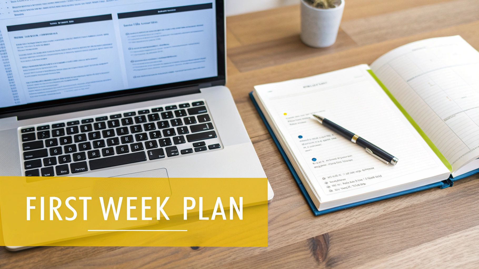A laptop, open notebook, and pen on a wooden desk, with a 'First Week Plan' banner.