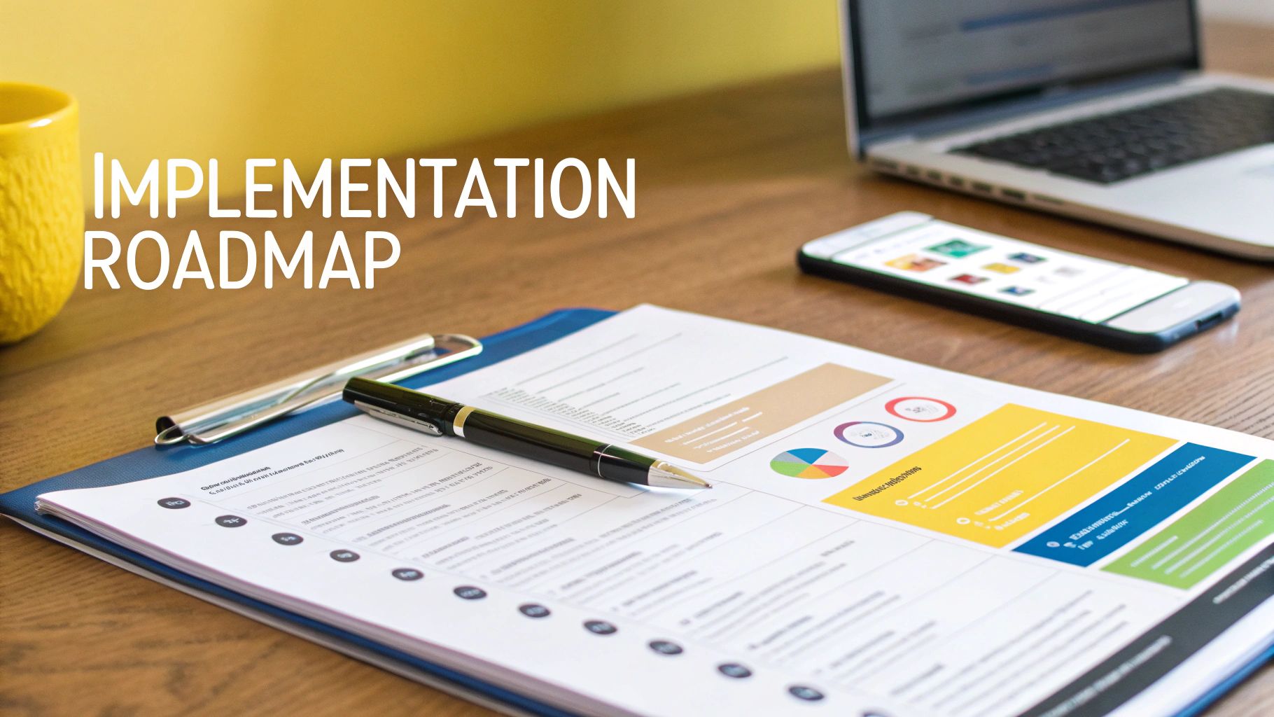 A desk with an 'Implementation Roadmap' document, pen, smartphone, and laptop.