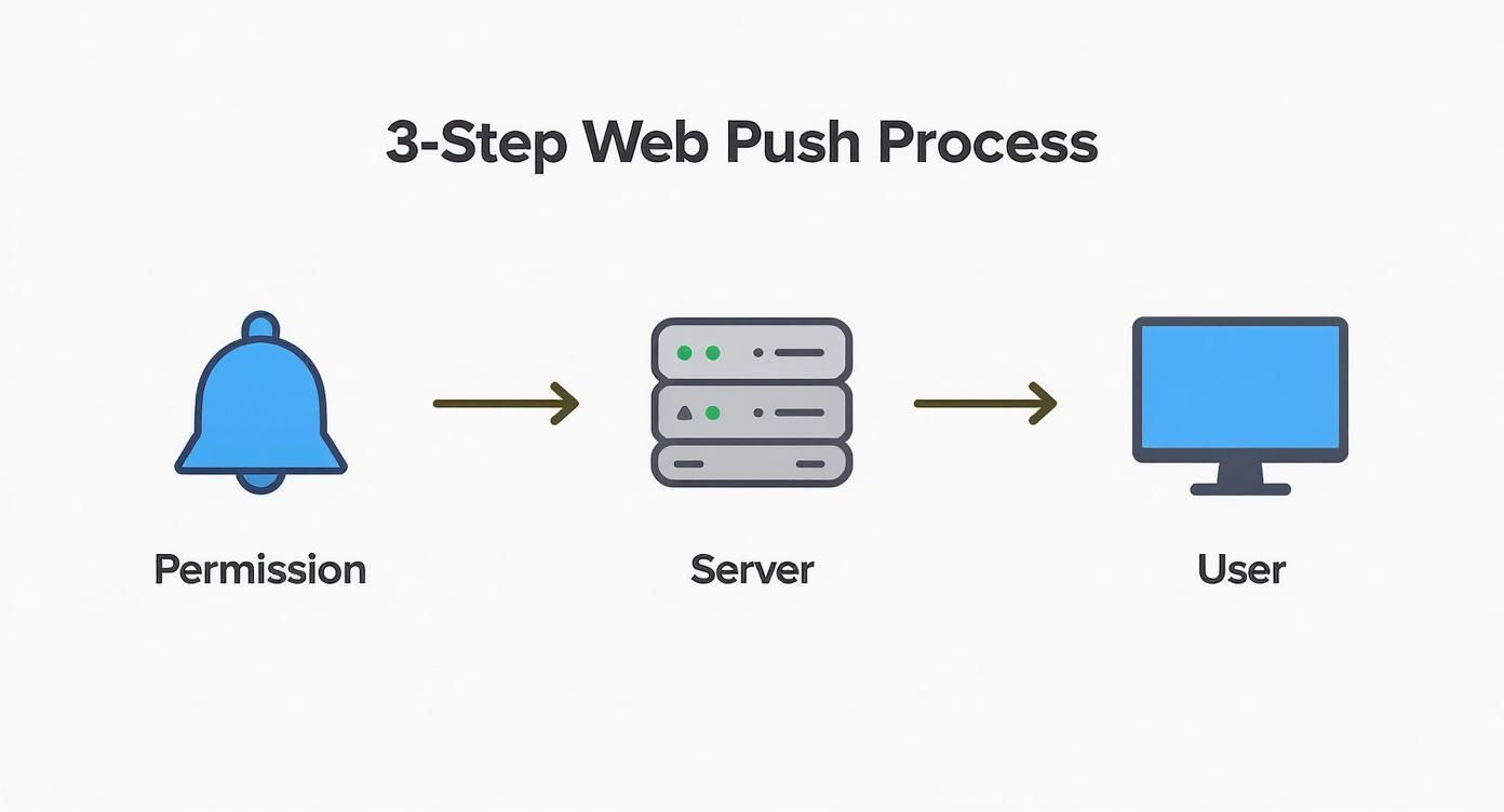 Infographic showing the three-step web push notification process from permission to server to user's device