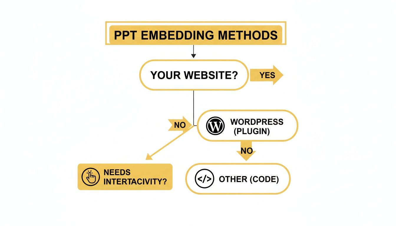 Flowchart detailing methods for embedding PowerPoint presentations on websites, considering plugins and interactivity.