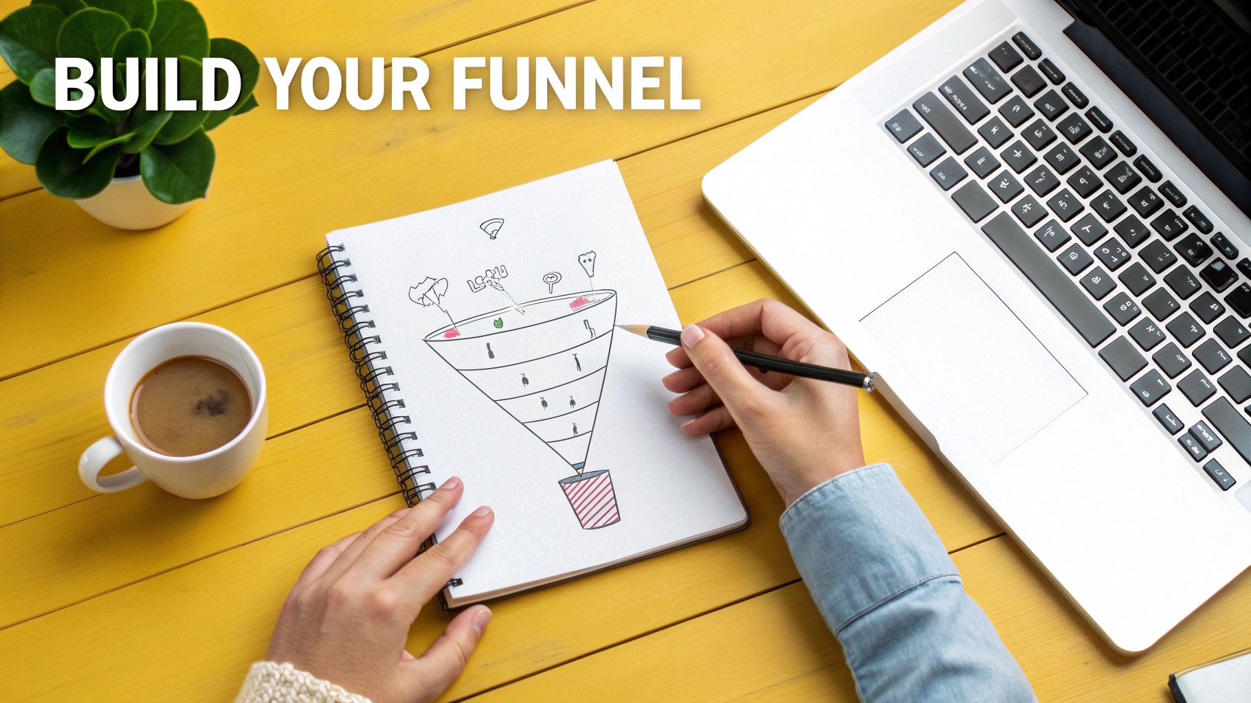 A person sketching a funnel on a whiteboard, representing the planning and building process of a sales funnel.