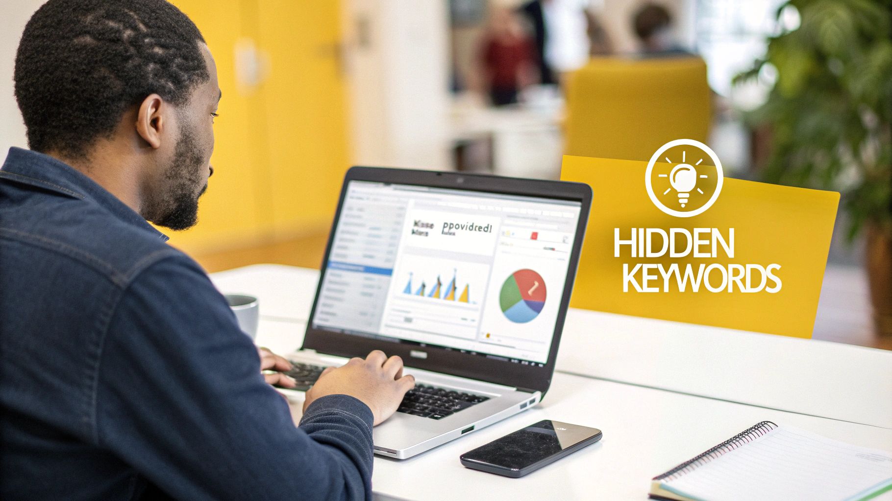 A man works on a laptop showing data analytics, next to a 'Hidden Keywords' sign.
