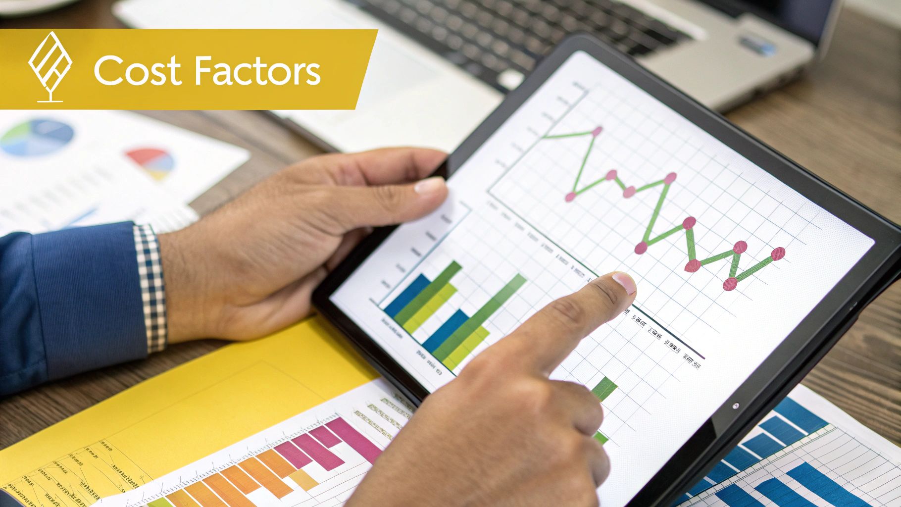 A magnifying glass hovering over a bar chart, symbolising the analysis and interpretation of business metrics.