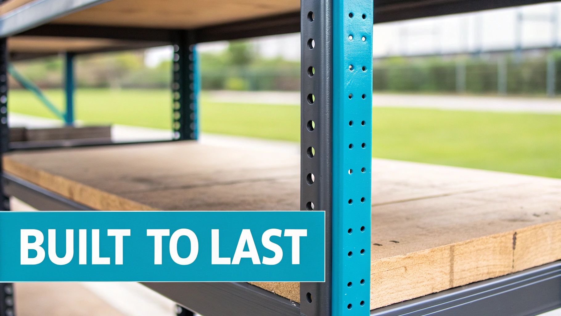 Heavy-duty blue metal shelving frame with wooden shelves and built to last text overlay