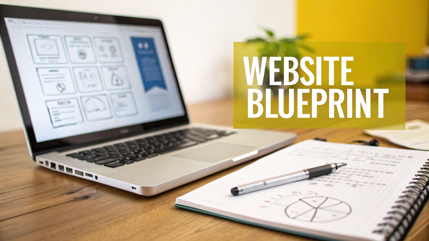 A laptop displays website wireframes next to a notebook with a pen and 'Website Blueprint' text overlay.
