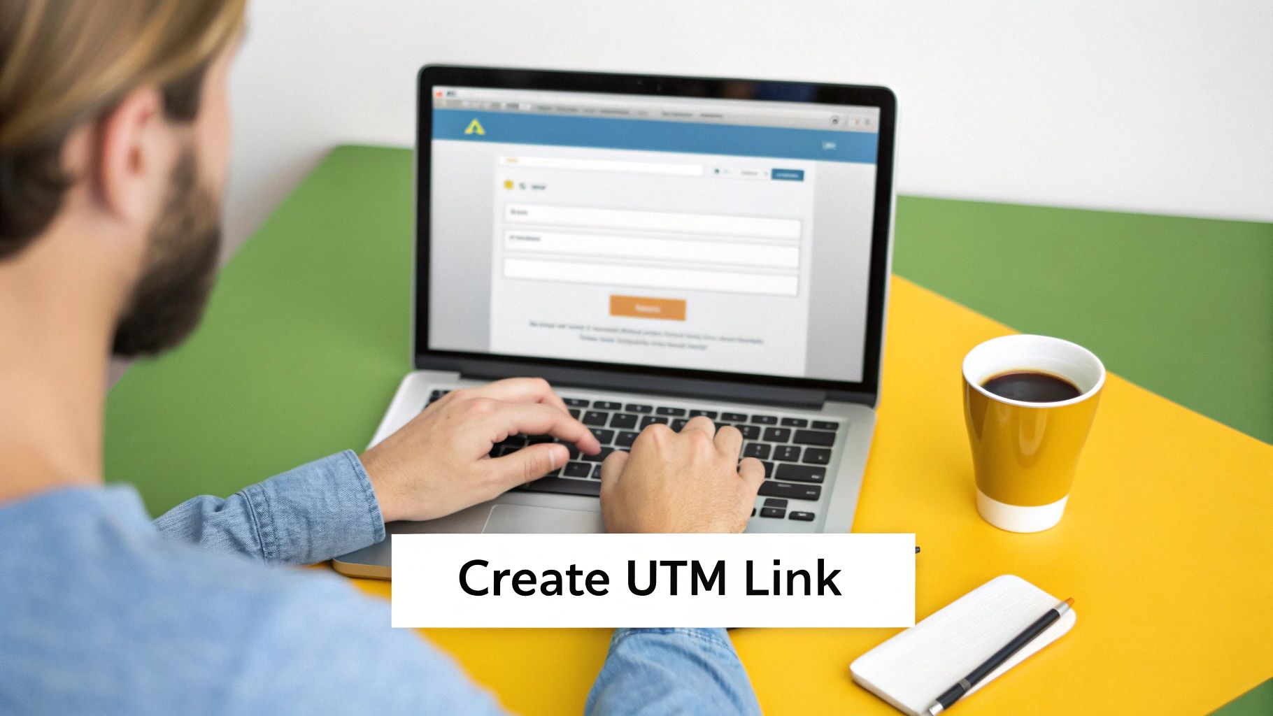 Overhead view of a person using a laptop to create a UTM link, with coffee and notebook on the desk.