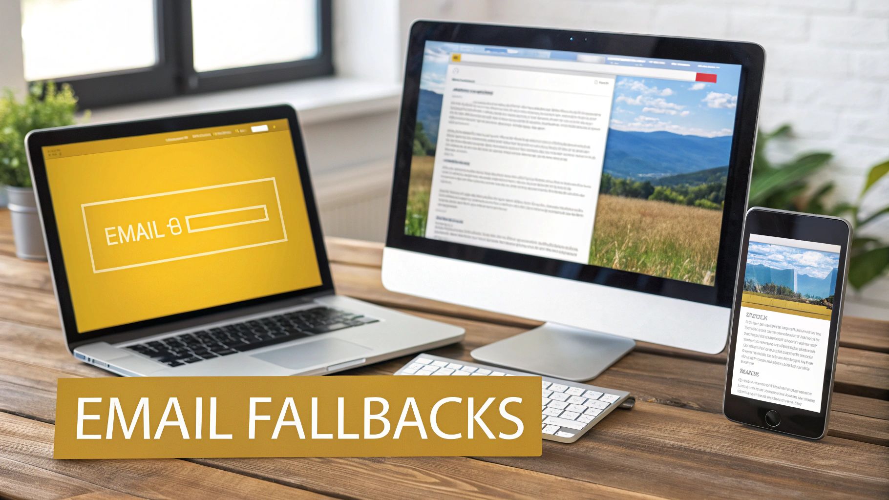 A laptop, desktop monitor, and smartphone on a wooden desk with an 'EMAIL FALLBACKS' banner.