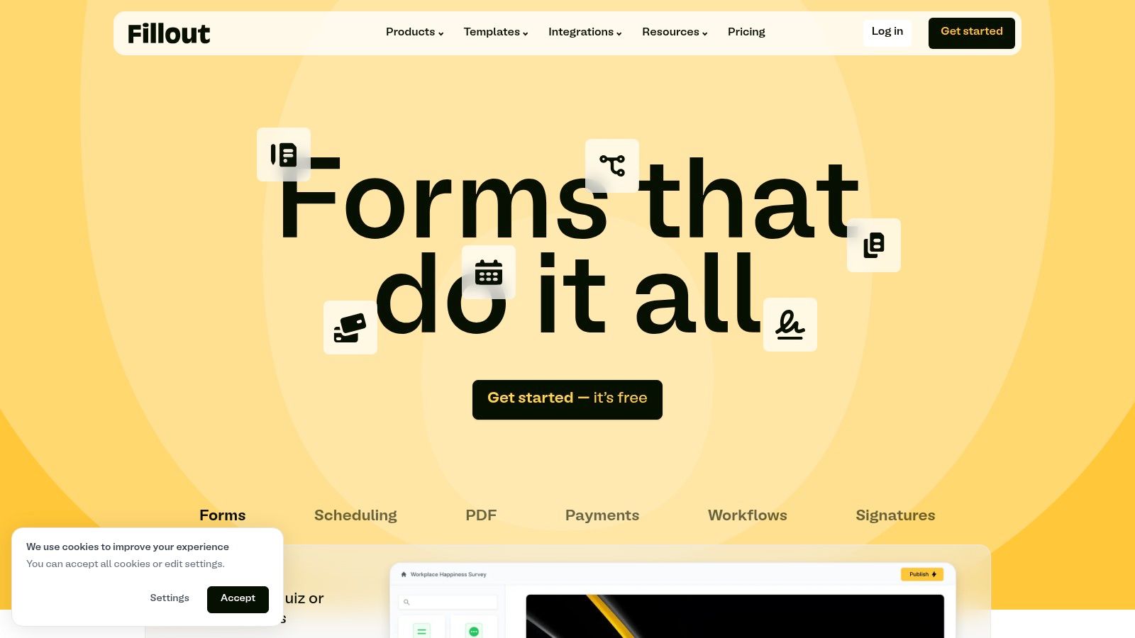 A screenshot of the Fillout form builder interface, showing a modern, clean design with various form fields and integration options.