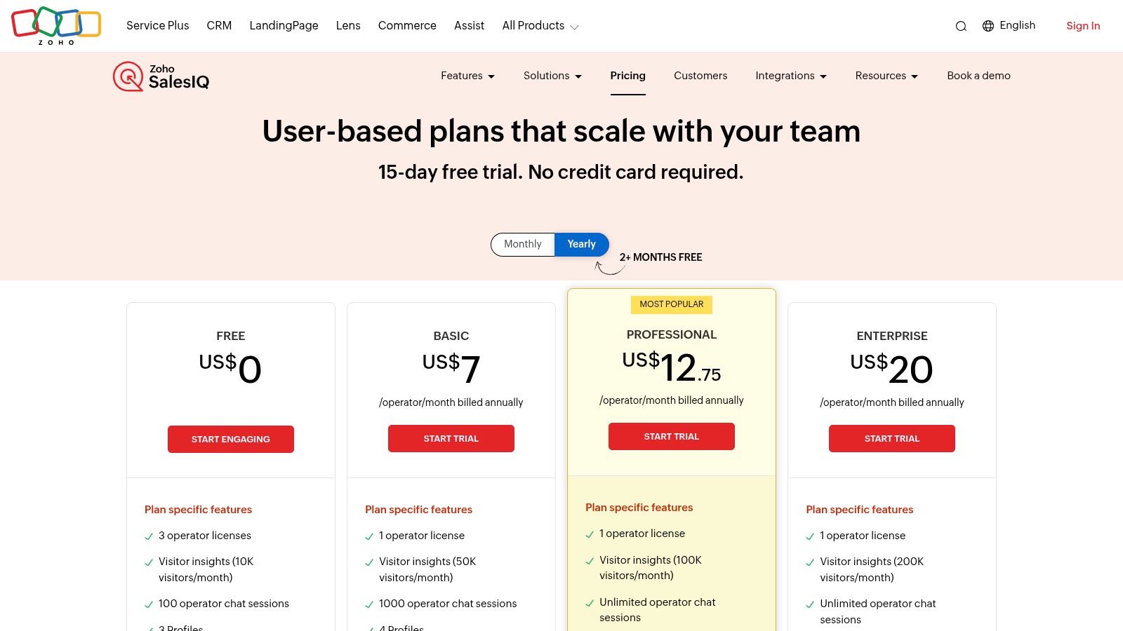 Zoho SalesIQ pricing page