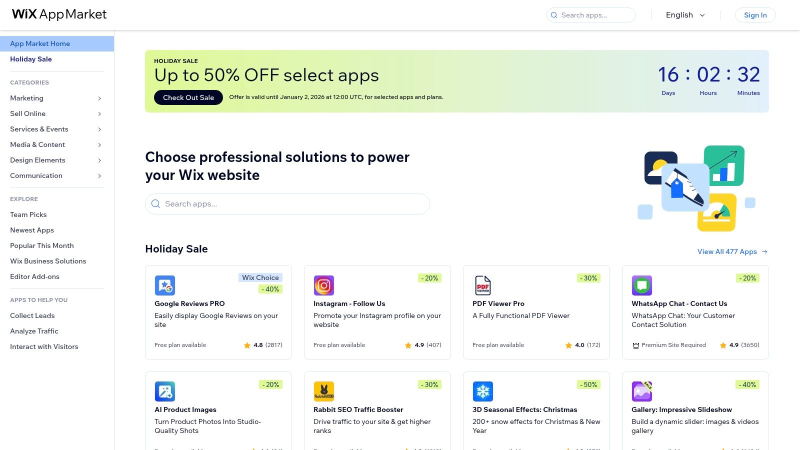 Wix App Market showcasing various apps available for websites