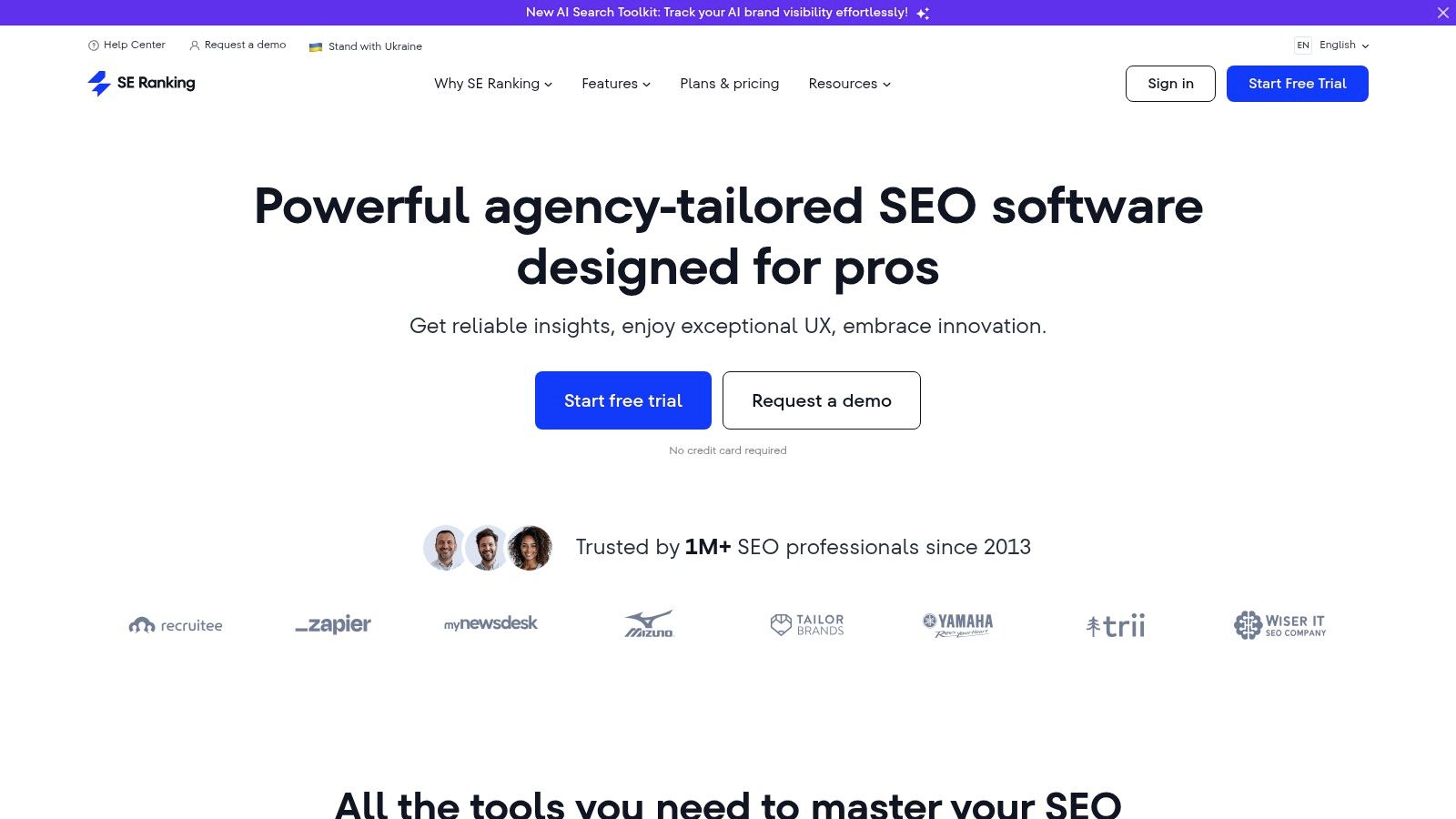 SE Ranking dashboard showing keyword rankings and website audit score.