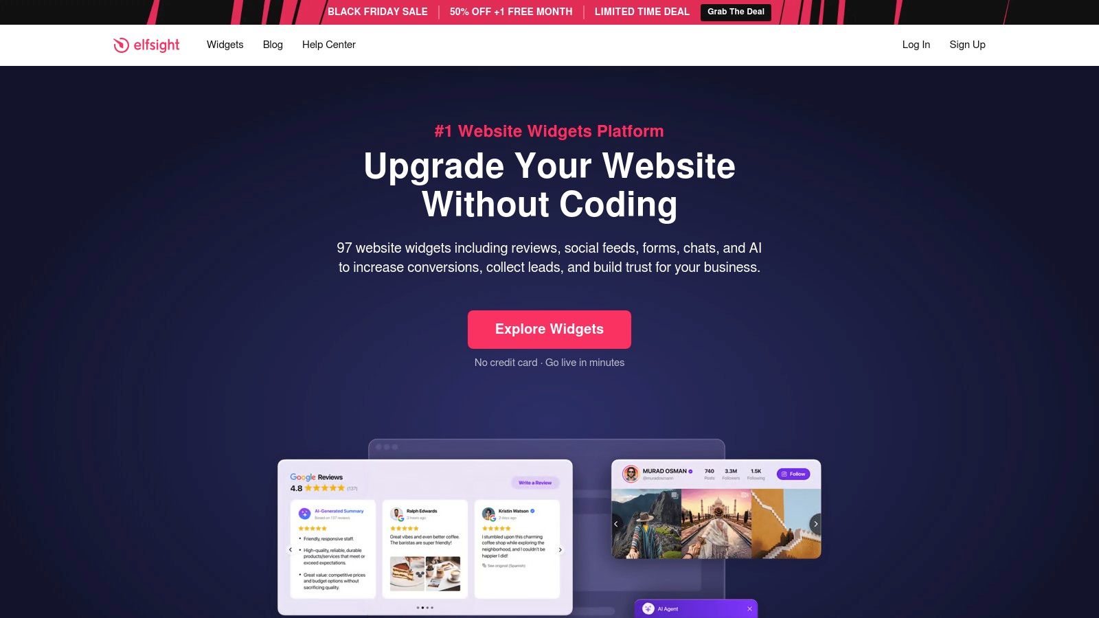 Elfsight dashboard showcasing a variety of widgets for websites