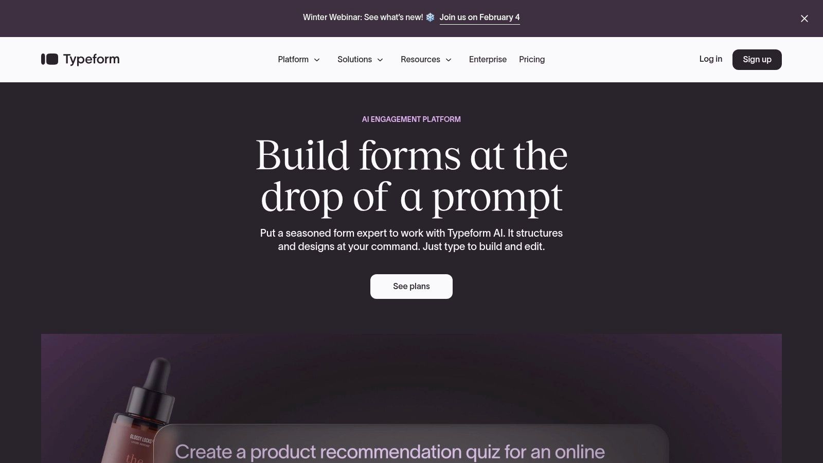A screenshot of the Typeform builder interface, showing a conversational-style form being created.