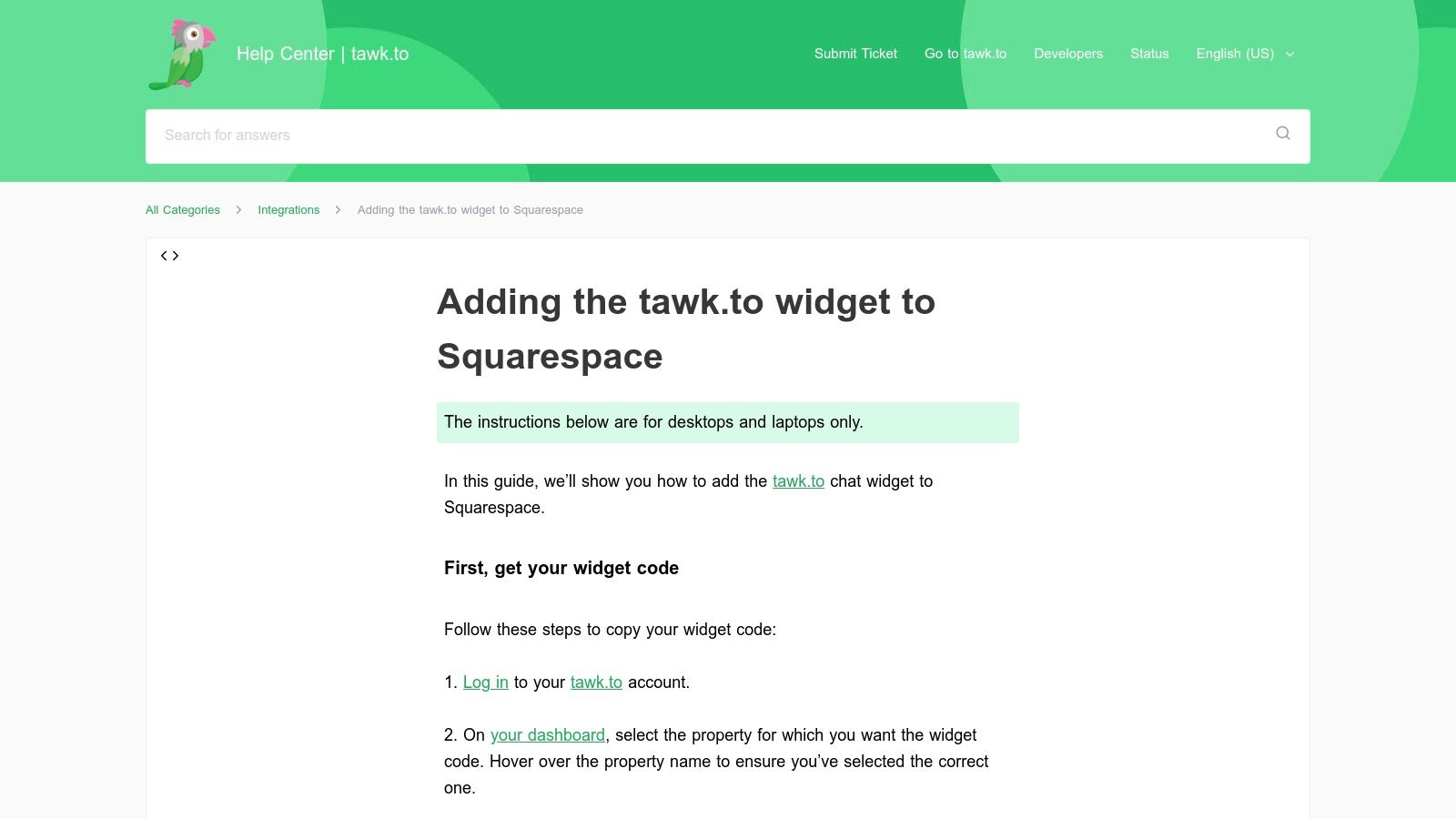 tawk.to chat widget on a website