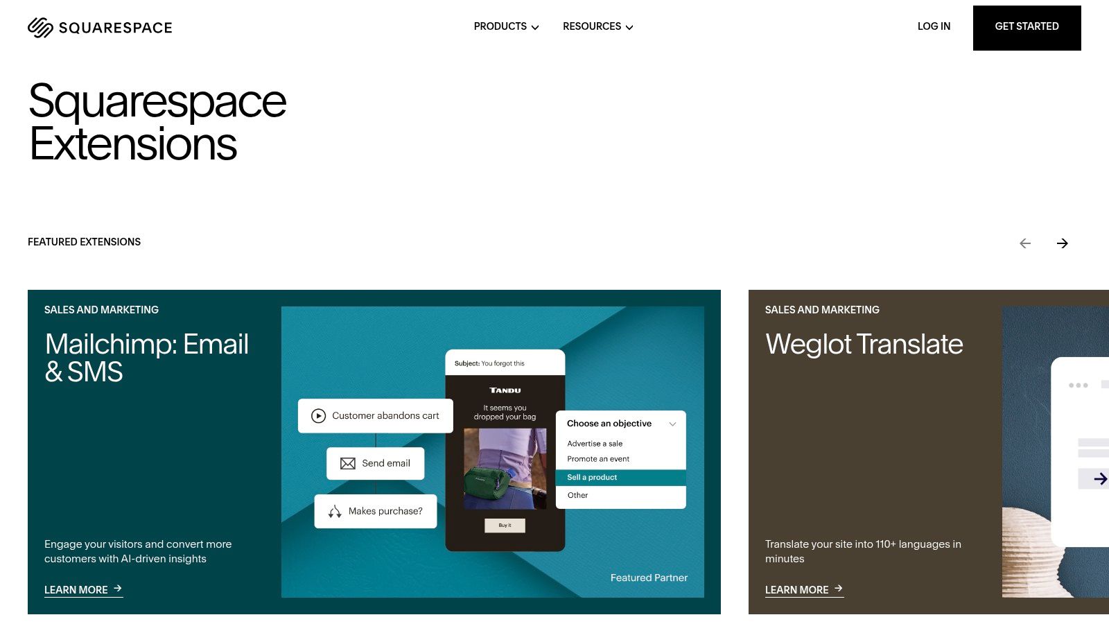 Squarespace Extensions marketplace showing various app categories