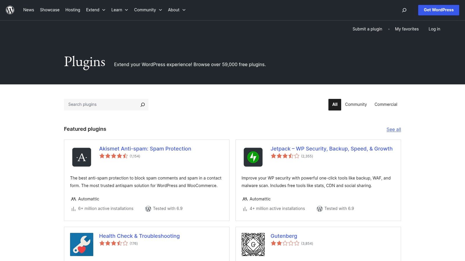 WordPress.org Plugins Directory showcasing available widgets for websites