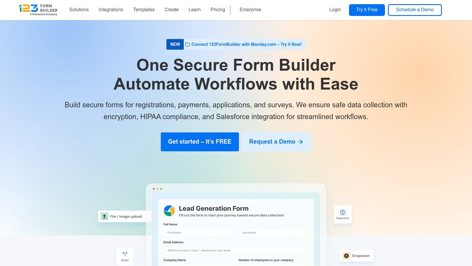 A screenshot of the 123FormBuilder interface, showing the drag-and-drop builder with various form fields available.