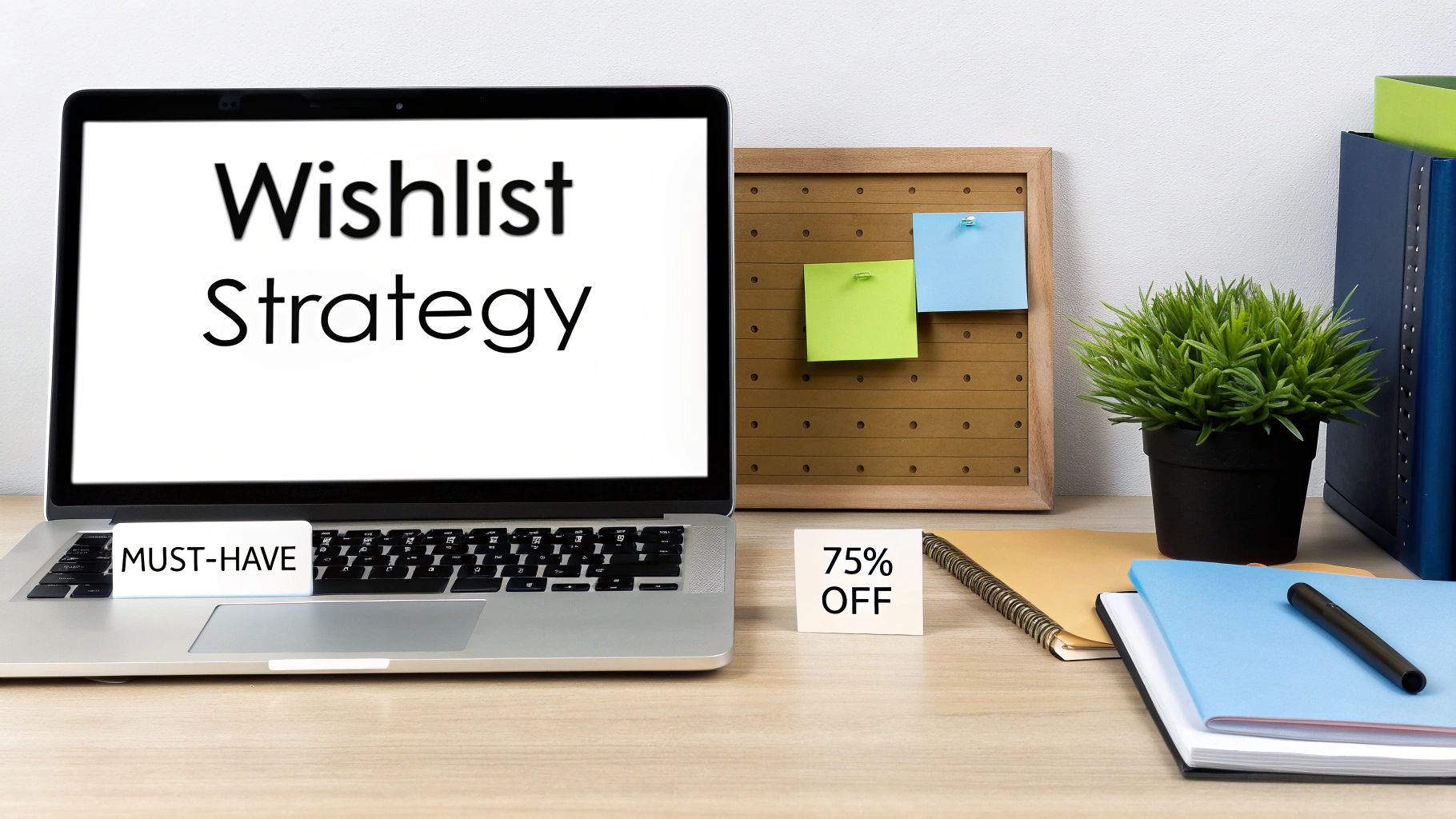 Laptop displaying 'Wishlist Strategy' with 'MUST-HAVE' and '75% OFF' cards on a desk.